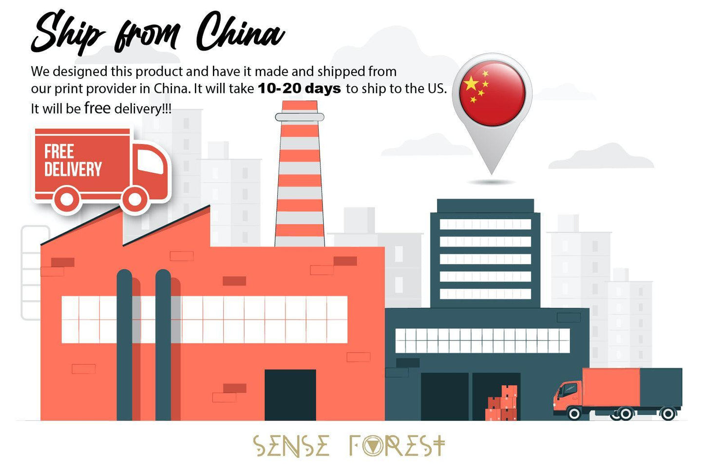 Illustration of factories with delivery trucks, a Free Delivery sign, and a map pin with a Chinese flag. The Boho floral snake Vegan leather Classic Saddle Bag ships from China to the US in 10–20 days with free delivery.