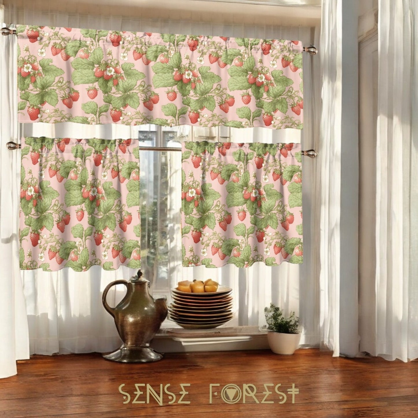 Kawaii Strawberry cottagecore Kitchen Curtain Valance Tiers Set | Sense Forest