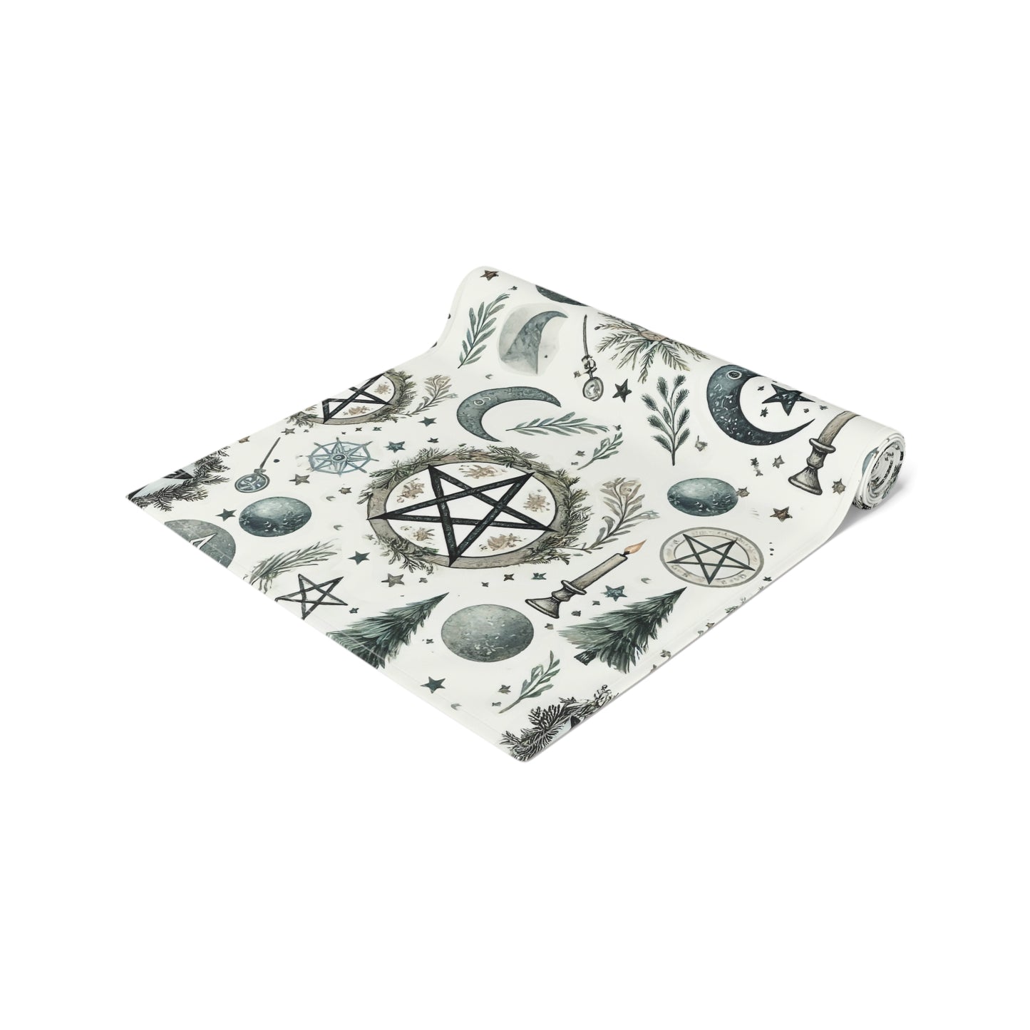 Yule Pagan Christmas Pine Moon StarsTable Runner (Cotton, Poly), Pentagram Nature lover Witch dinner setup holiday home decor gift