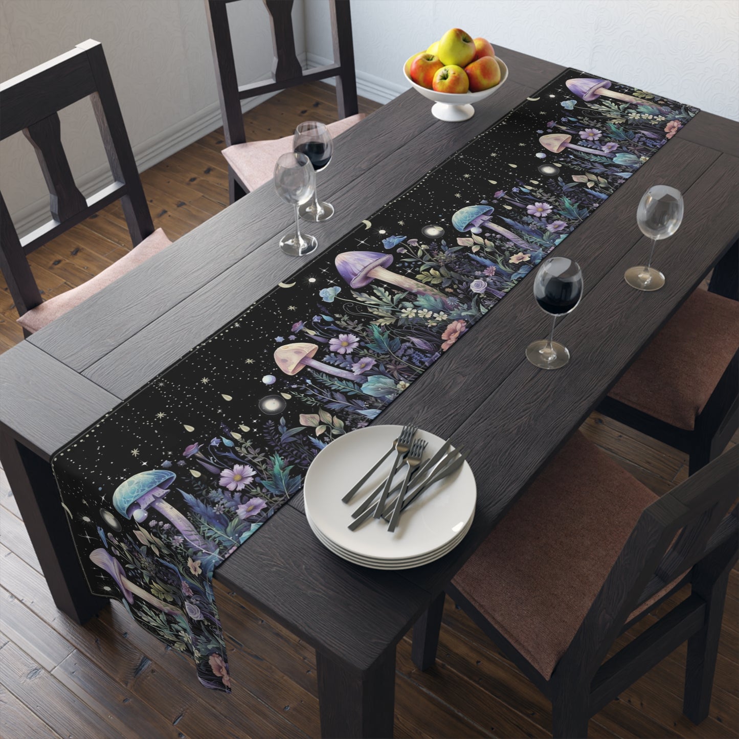 Dark Boho Purple mushroom forest dinner table runner cloth, Whimsical moon dinning room home decor, Table Runner Witchy housewarming gift