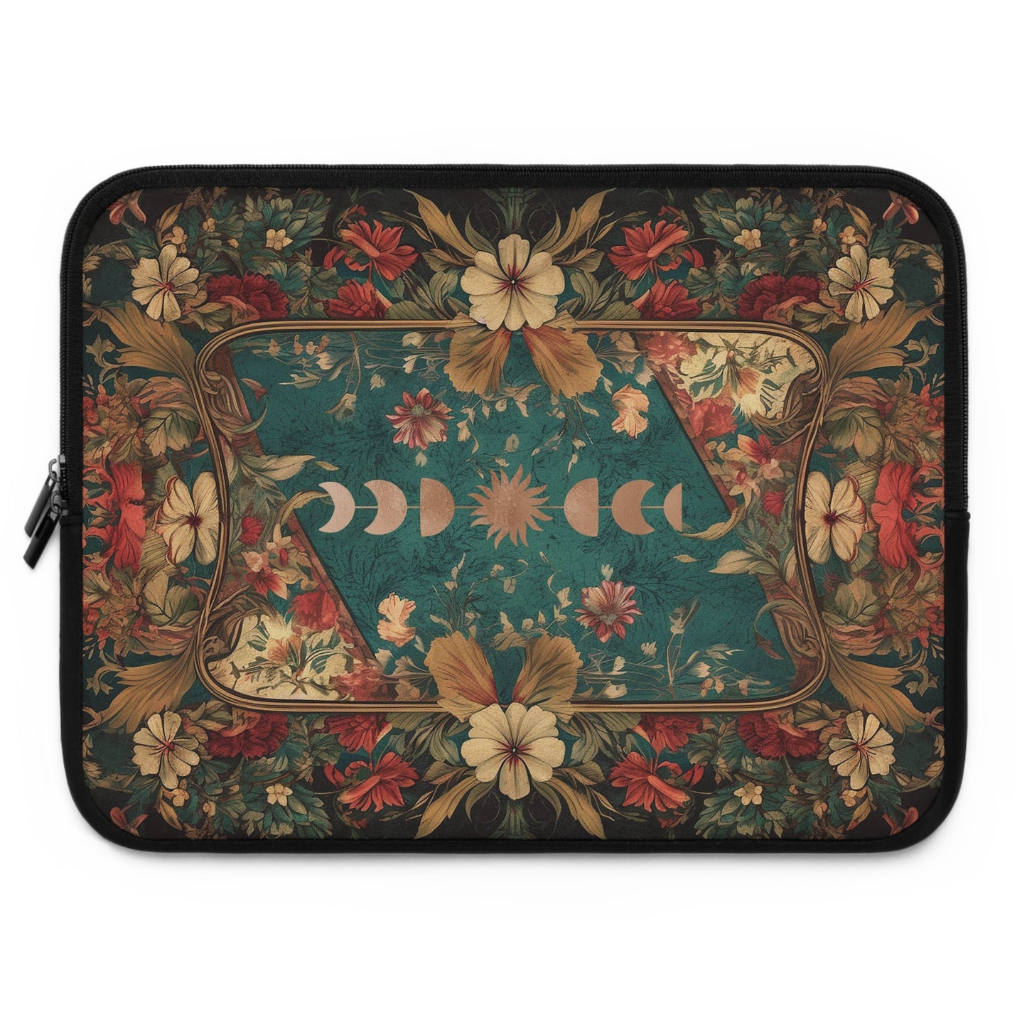 Maximalist floral Teal green sun moon laptop sleeve | Sense Forest