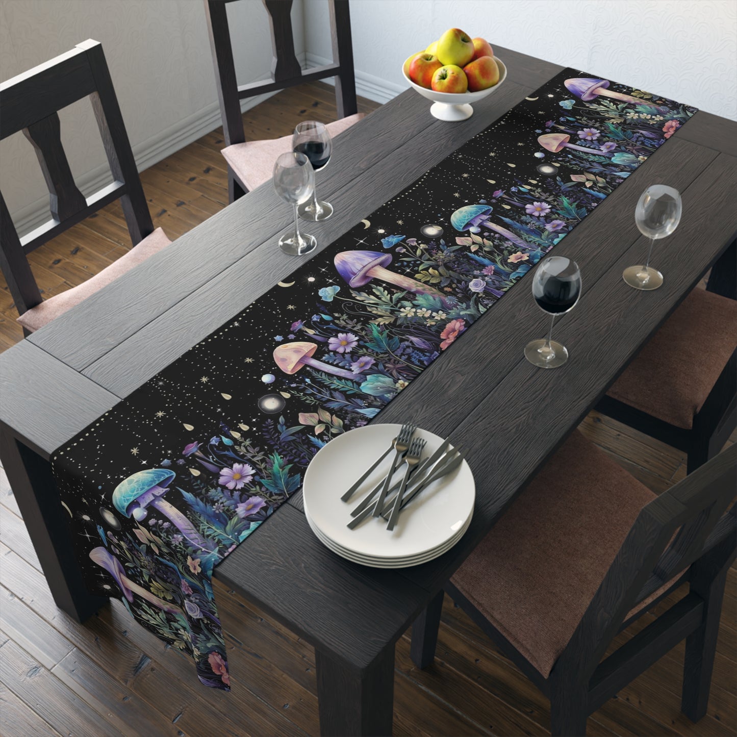 Dark Boho Purple mushroom forest dinner table runner cloth, Whimsical moon dinning room home decor, Table Runner Witchy housewarming gift