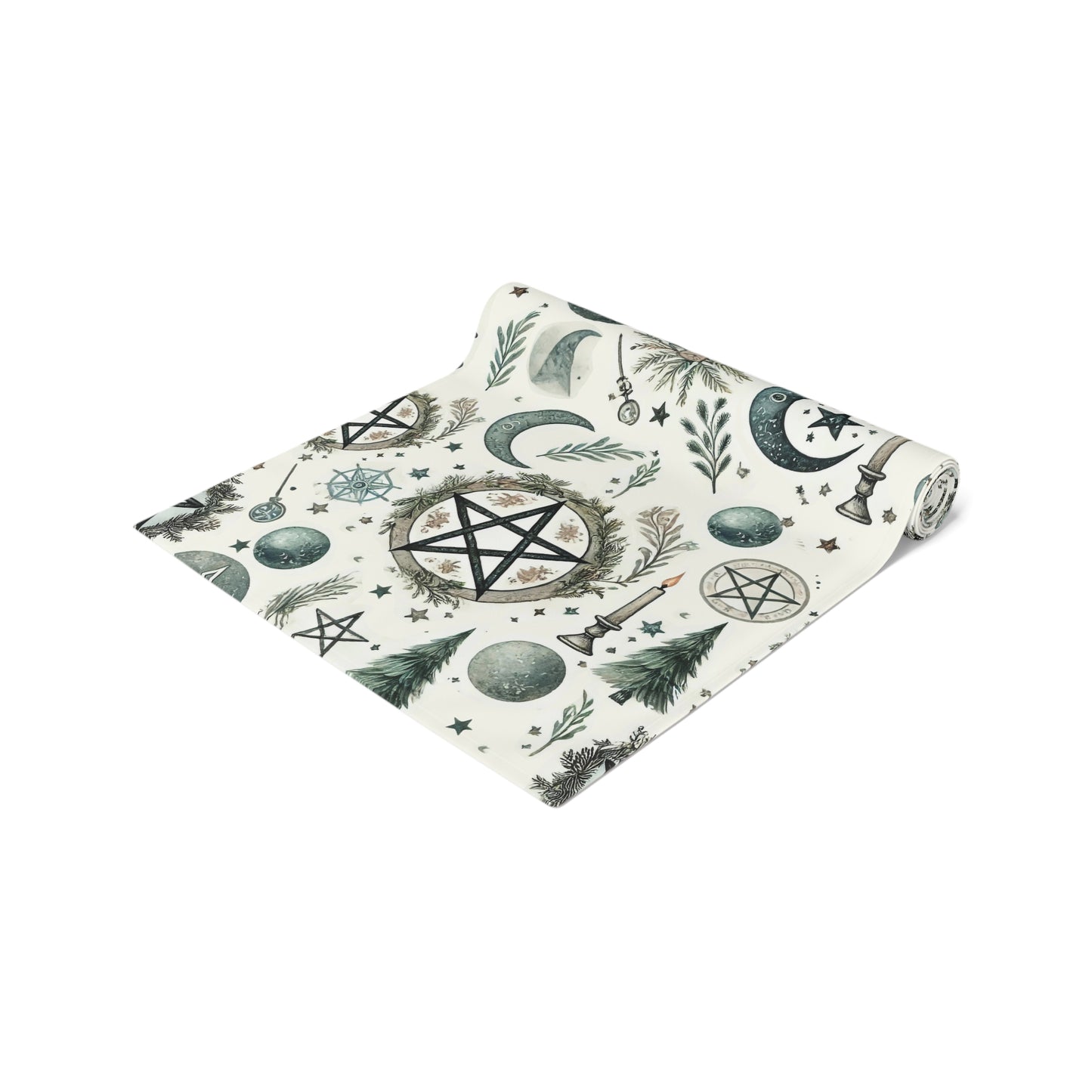 Yule Pagan Christmas Pine Moon StarsTable Runner (Cotton, Poly), Pentagram Nature lover Witch dinner setup holiday home decor gift