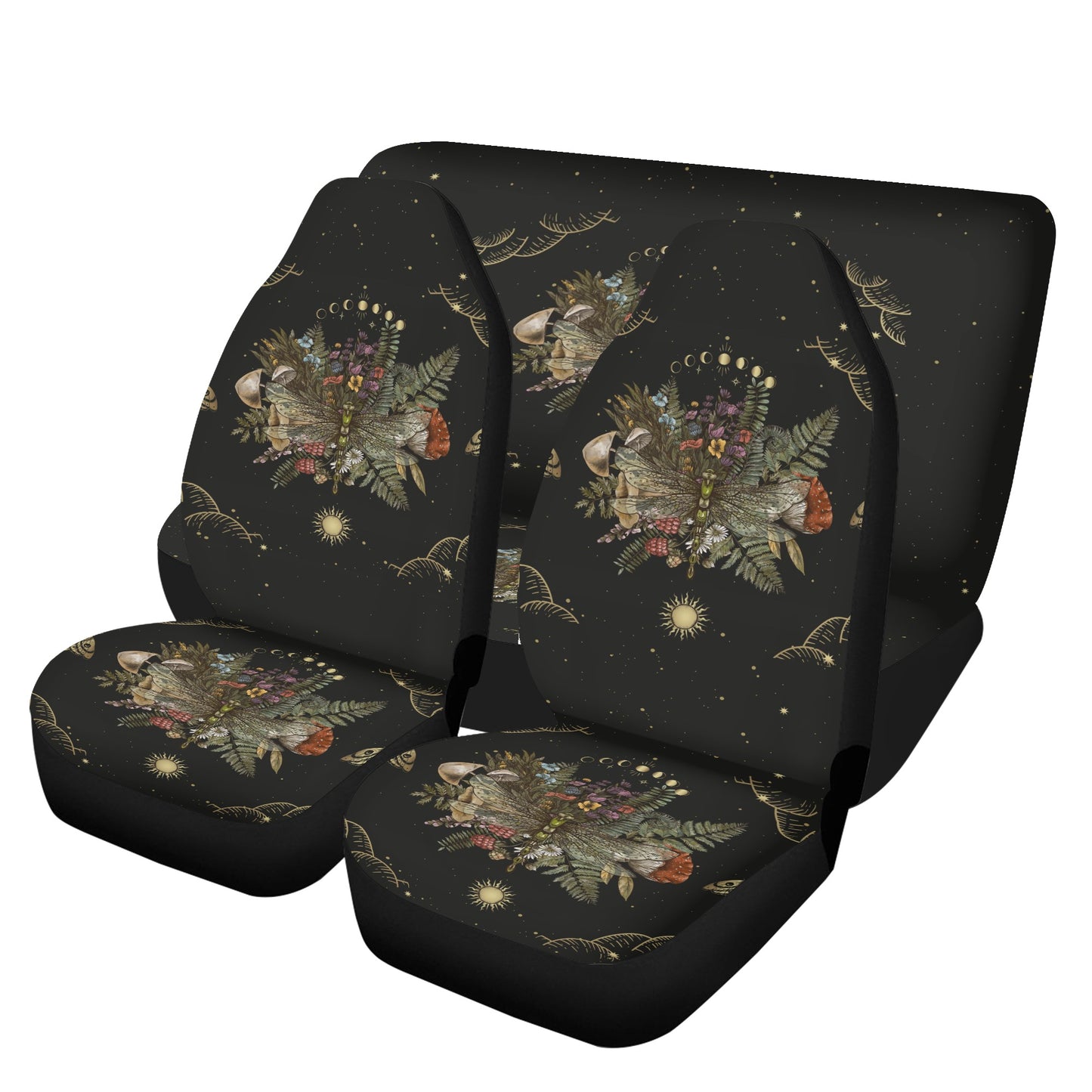 Black car seat covers with Sense Forest design featuring mushrooms, moon phases, and dragonflies.