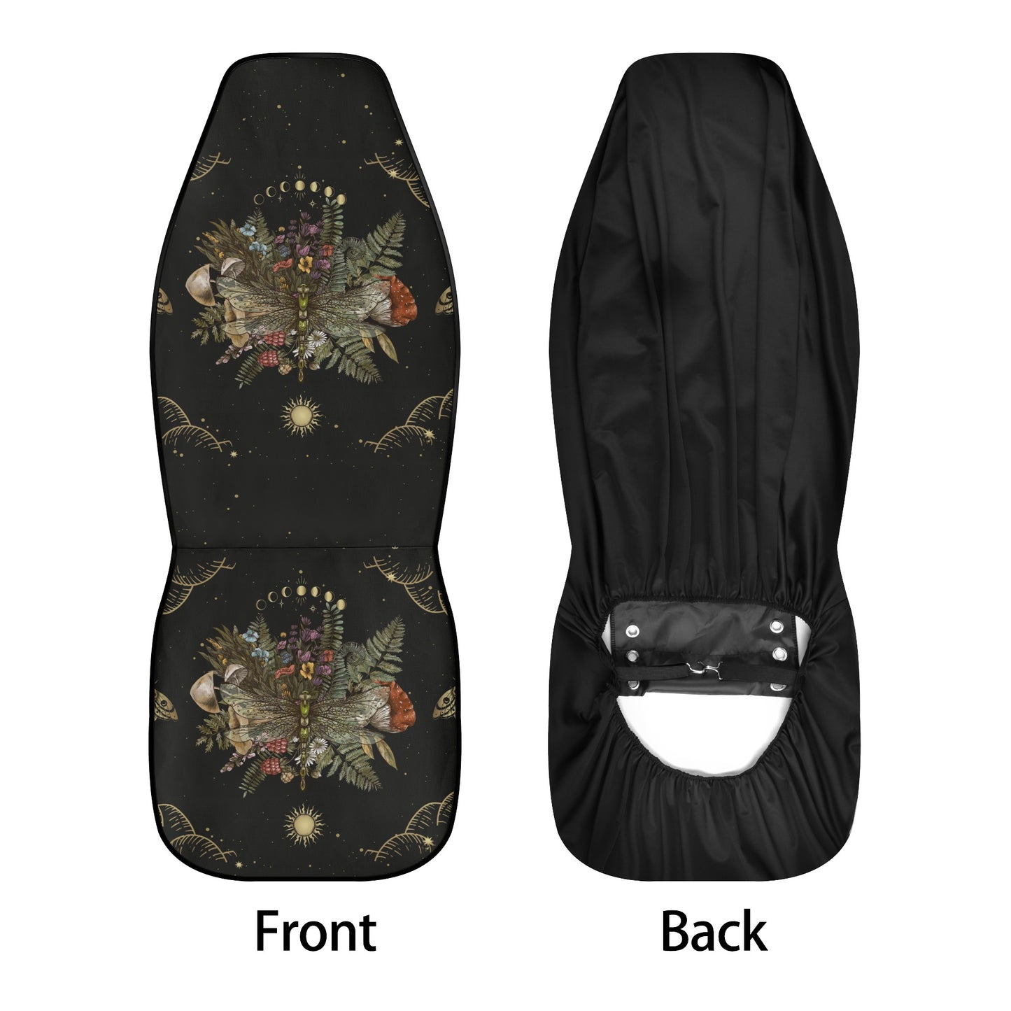 Black universal car seat cover with Sense Forest design featuring mushroom forest, moon phases, and a dragonfly motif on the .