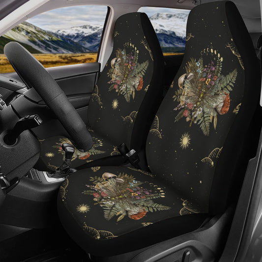 Black car seat covers with Sense Forest design featuring mushrooms, moon phases, and dragonflies in earthy tones.