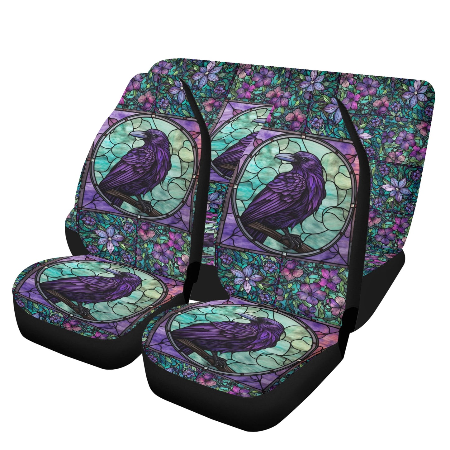 a car seat cover sets with the graphic medieval goth stained glass floral crow raven print on them