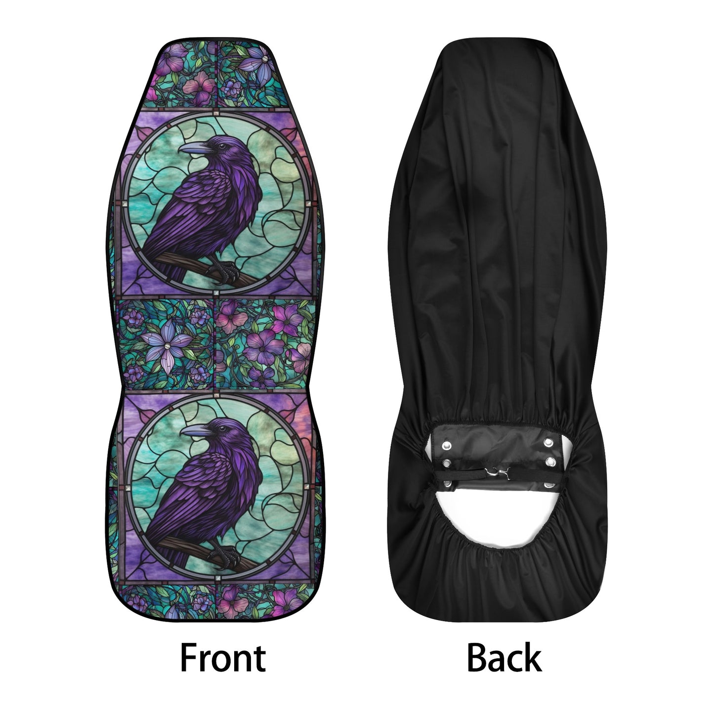 Gothic raven stained glass design car seat cover set with purple and green floral accents by Sense Forest.