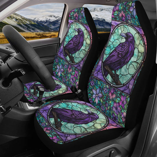 Car seat cover set featuring Gothic raven stained glass design with purple and green hues by Sense Forest.