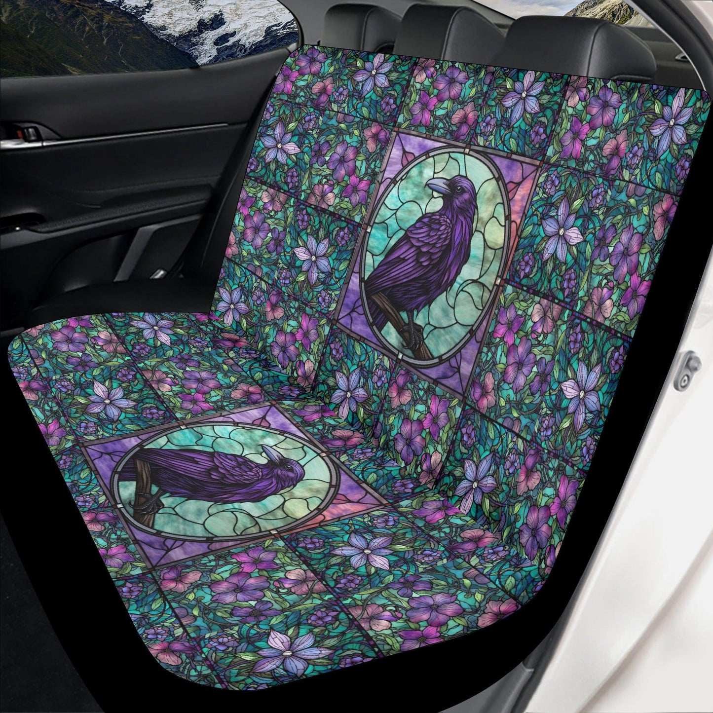 Car seat cover set with Gothic raven stained glass design in purple and green hues by Sense Forest.