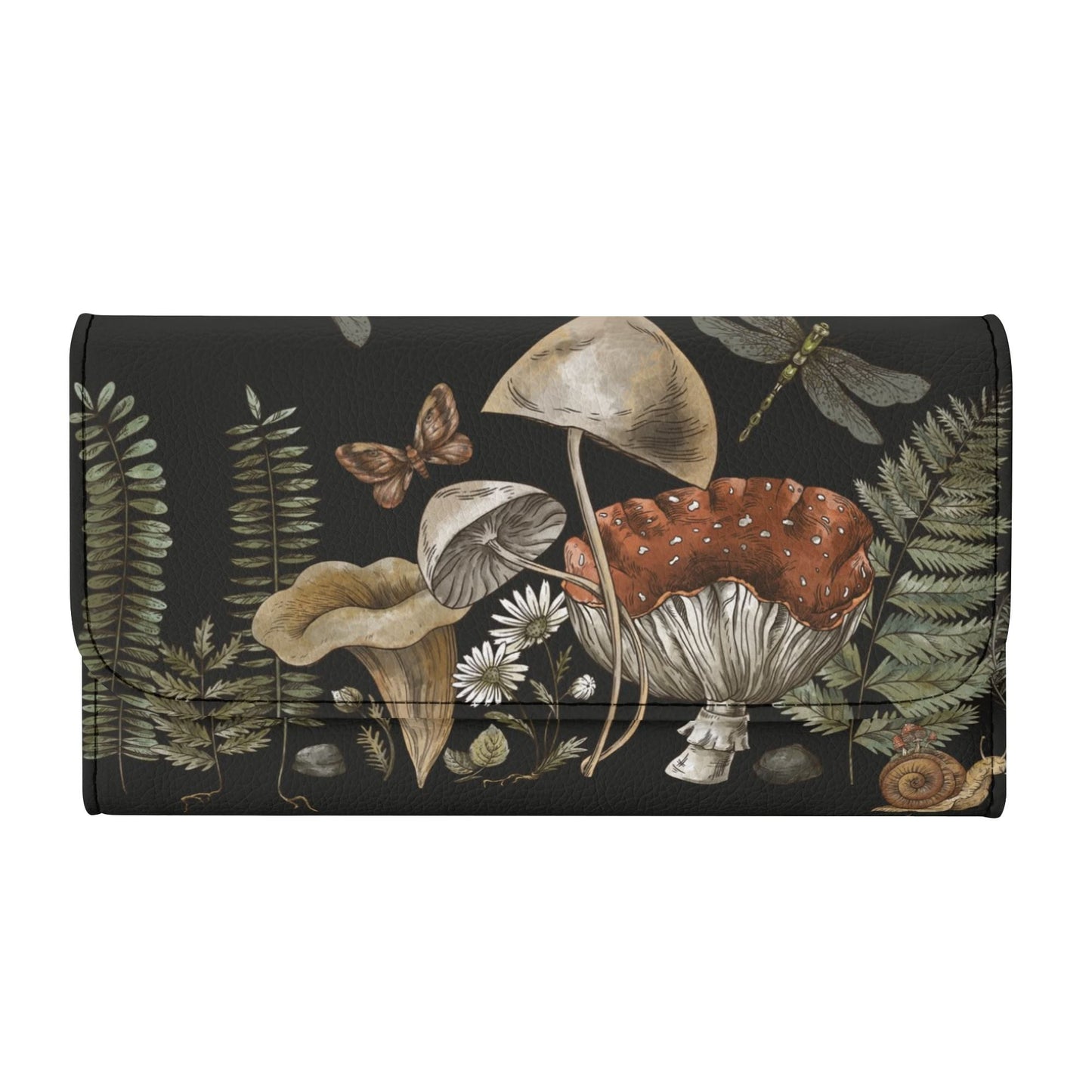 The Cottagecore Mushroom fern Trifolds Womens Long Clutch Wallet features PU leather and a charming botanical pattern with mushrooms, ferns, daisies, a butterfly, dragonfly, stones, and a snail.