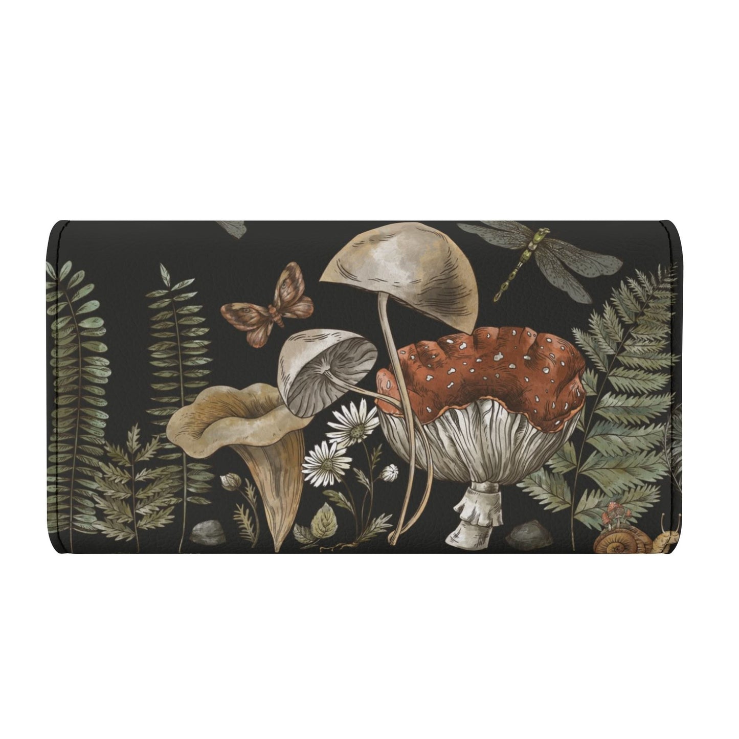 The Cottagecore Mushroom Fern Trifold Womens Long Clutch Wallet features PU leather with illustrated mushrooms, ferns, daisies, a butterfly, dragonfly, and snail on a dark background.