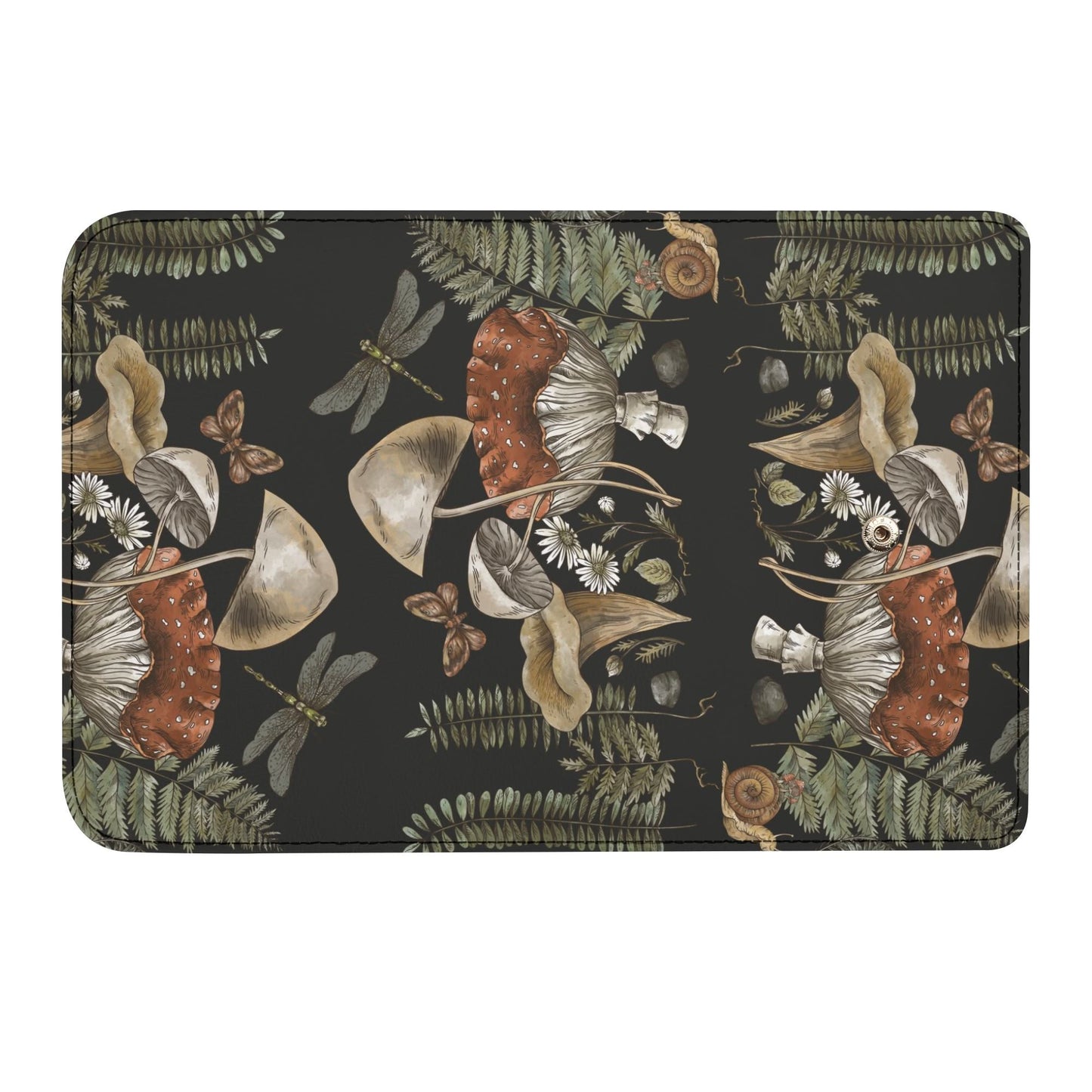 The Cottagecore Mushroom Fern Trifolds Womens Long Clutch Wallet features a woodland pattern of mushrooms, dragonflies, snails, ferns, and daisies on a dark background, with earthy tones for a charming natural look.
