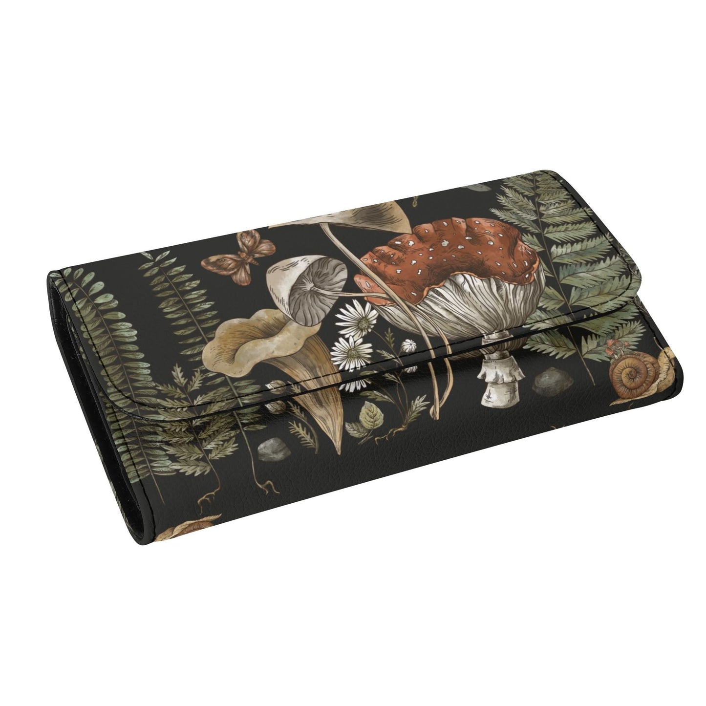 The Cottagecore Mushroom Fern Trifolds Womens Long Clutch Wallet features PU leather with a black base and earthy botanical designs—mushrooms, ferns, leaves, daisies, a butterfly, and a snail.