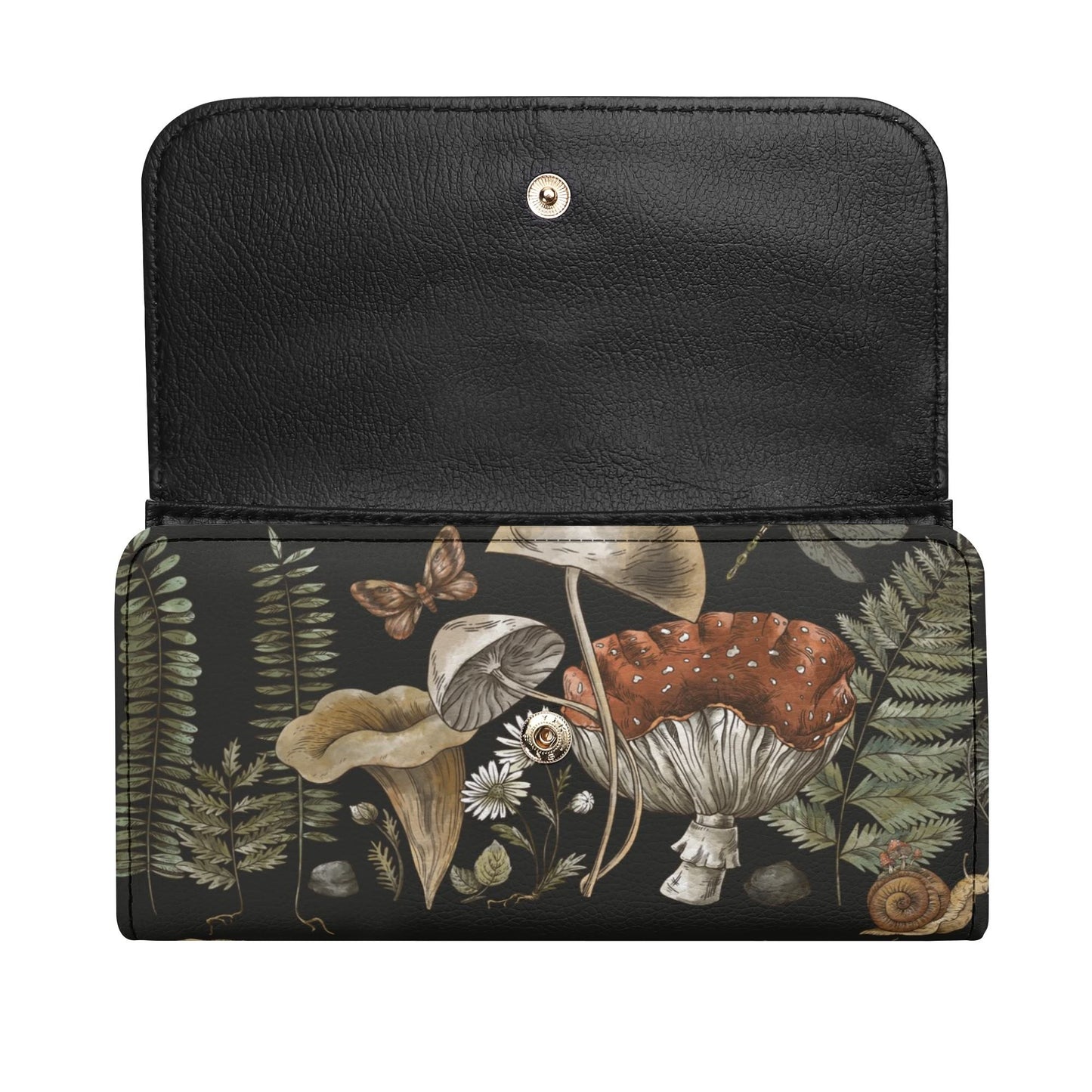 The Cottagecore Mushroom Fern Trifolds Womens Long Clutch Wallet features black PU leather with charming woodland illustrations of mushrooms, ferns, daisies, a butterfly, and a snail for a whimsical touch.