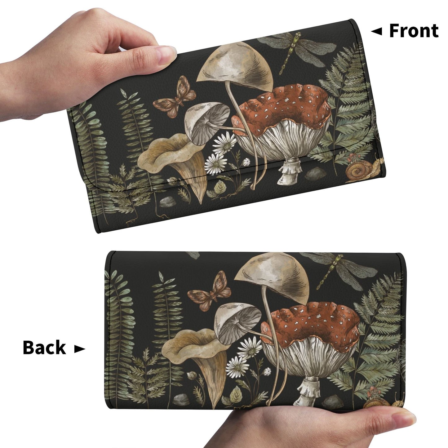 The Cottagecore Mushroom Fern Trifolds Womens Long Clutch Wallets feature a PU leather design with ferns, daisies, dragonfly, and butterfly motifs. Both sides display the same enchanting nature pattern for a charming cottagecore look.