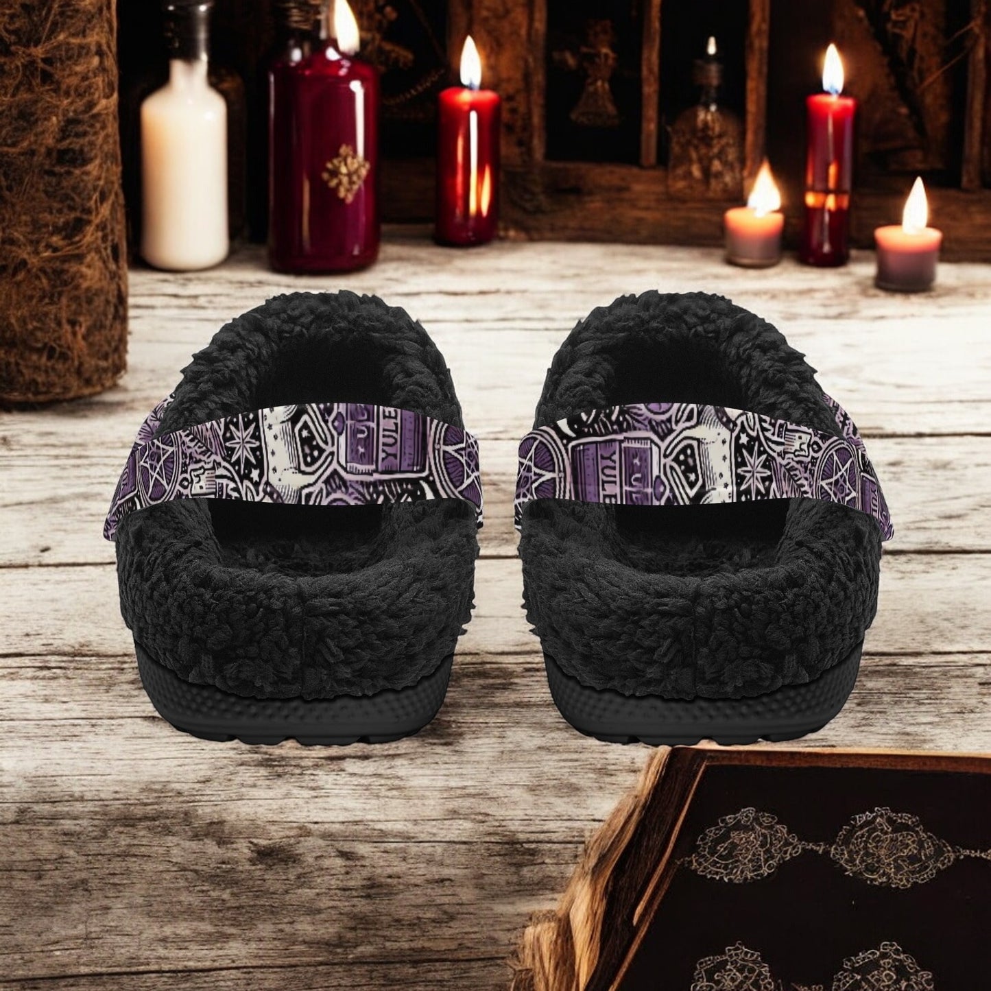 Purple Yule Pagan Christmas Slip On Clogs fur lined home slippers