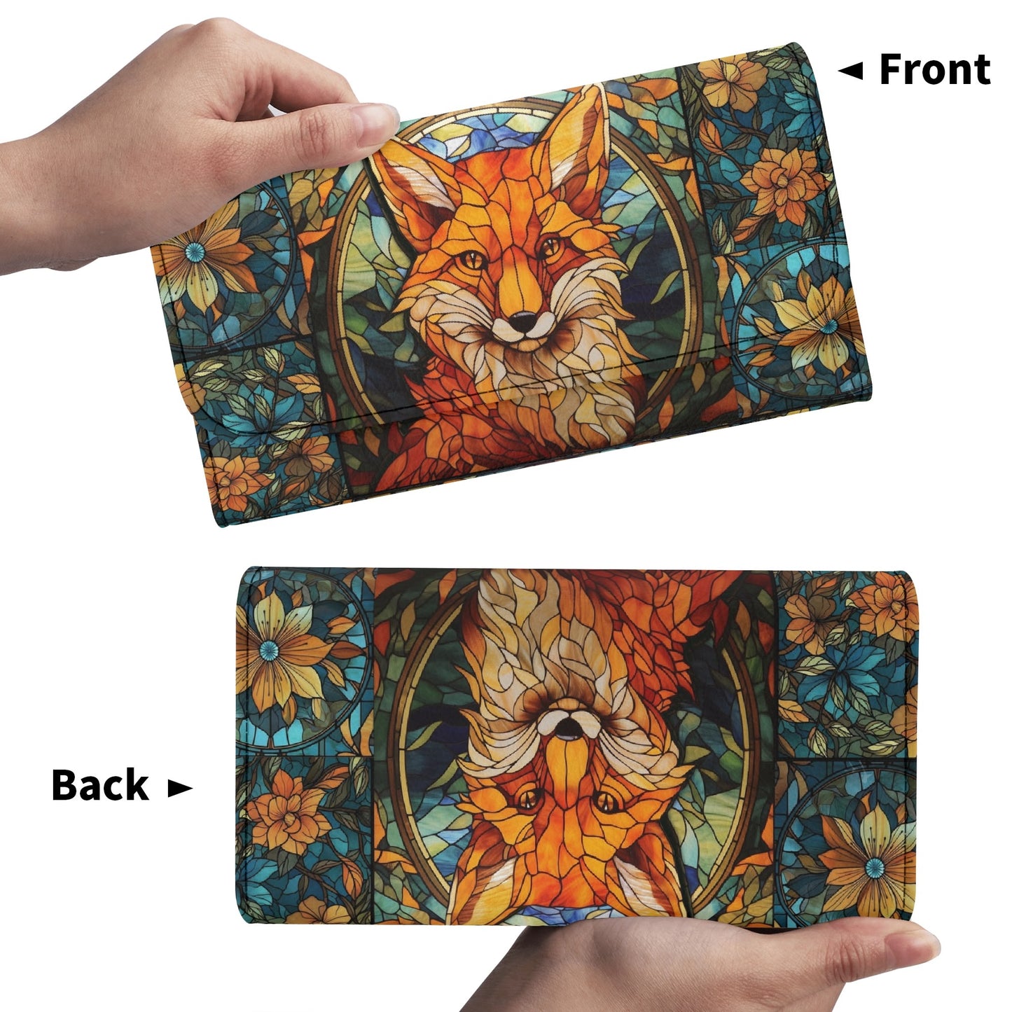 Stained glass Forest Fox Vegan Leather Small Wallet, Spring cottagecore trifold wallet, Credit Card organizer, Whimsical gift