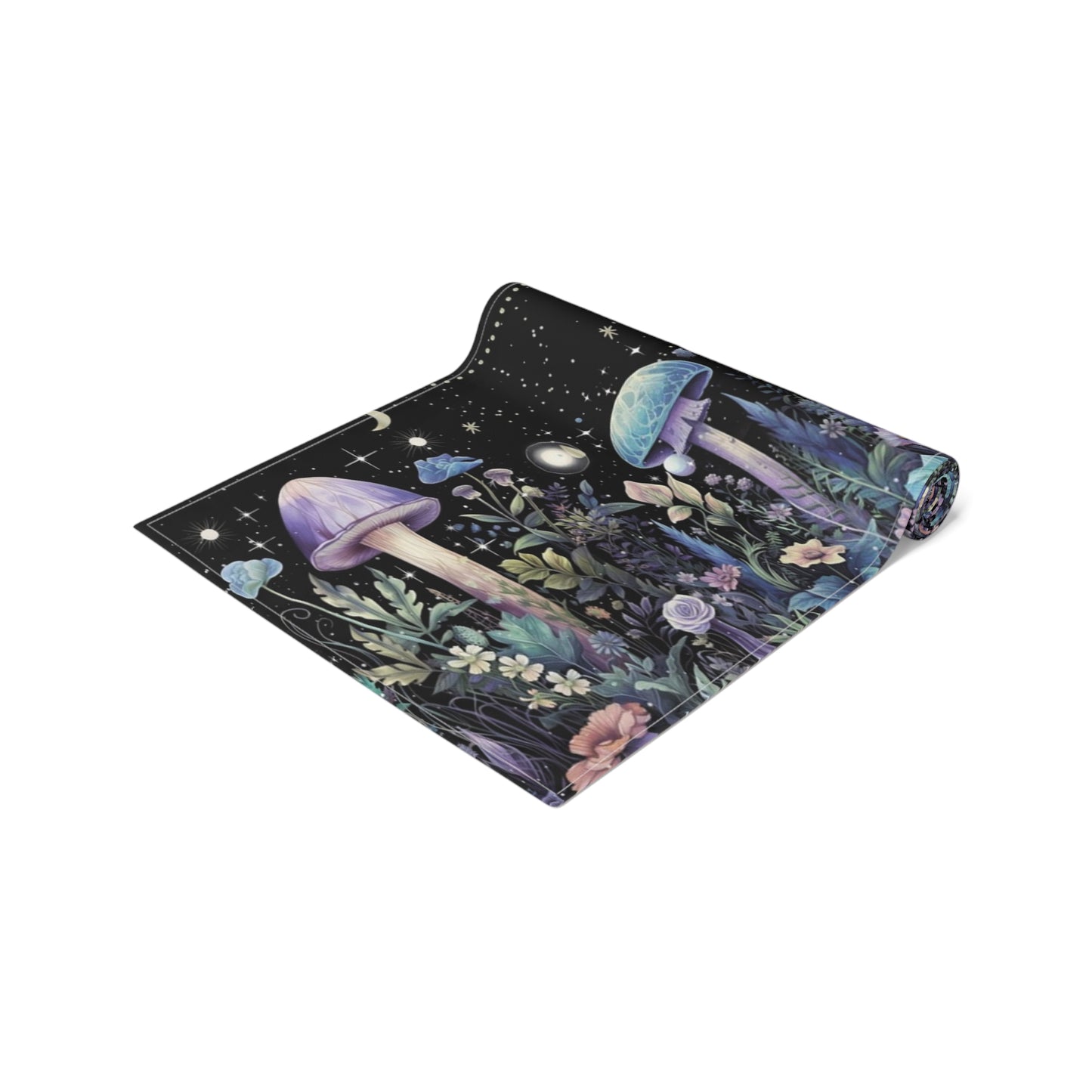 Dark Boho Purple mushroom forest dinner table runner cloth, Whimsical moon dinning room home decor, Table Runner Witchy housewarming gift