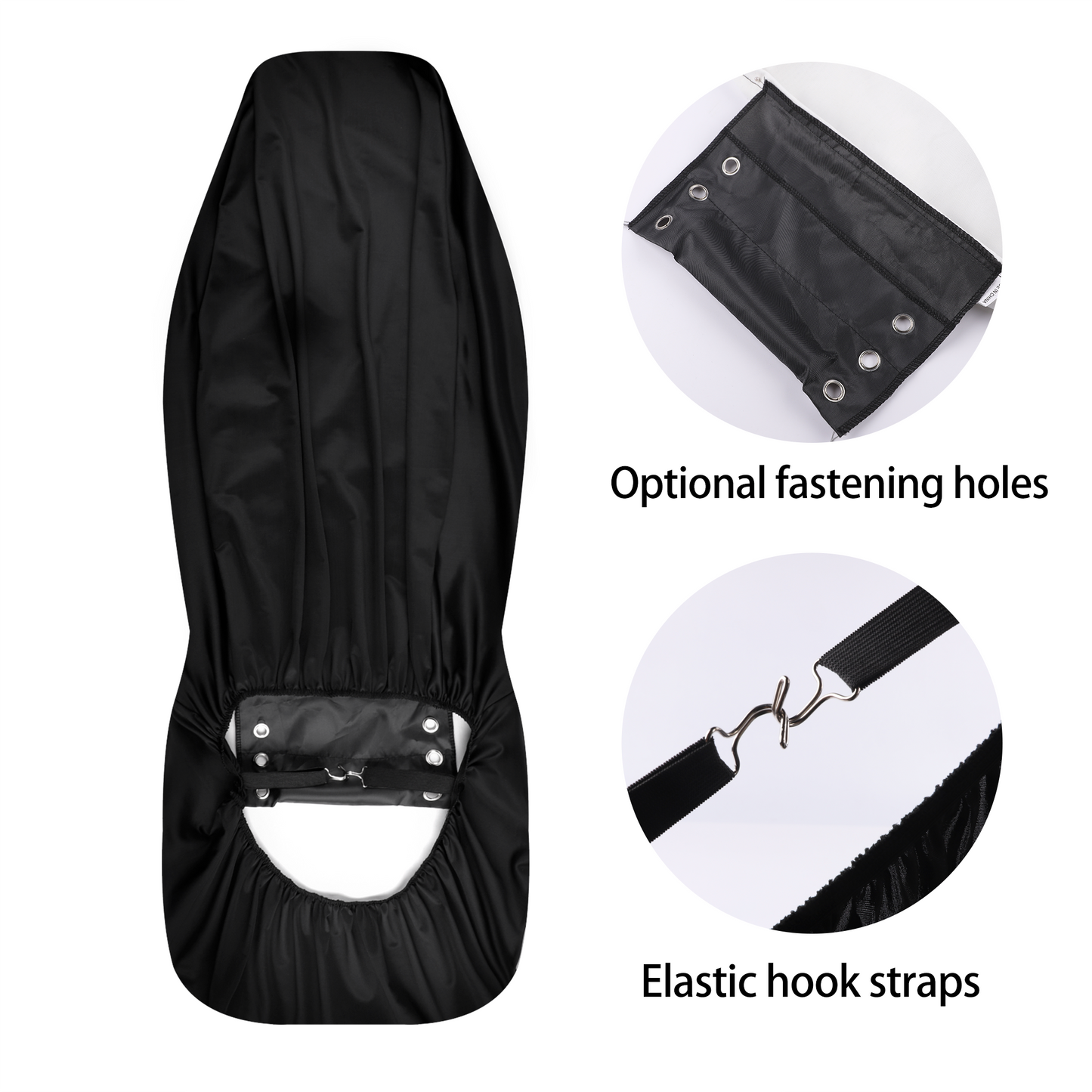 Black car seat cover with elastic hook straps and optional fastening holes, Sense Forest design.