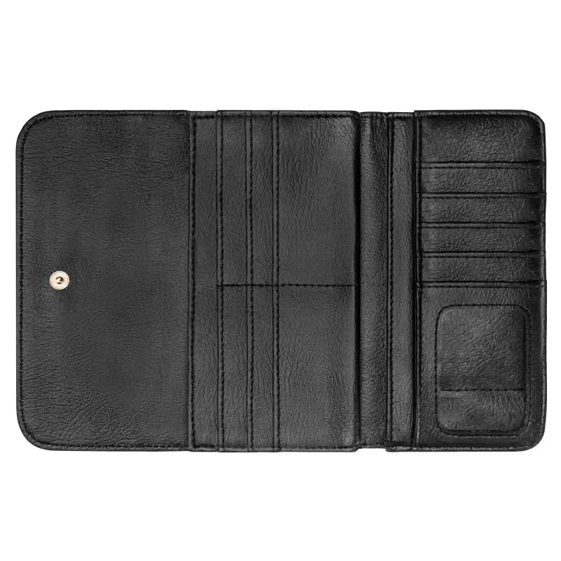 Black leather trifold wallet with multiple card slots, clear ID window, and snap closure from Sense Forest.