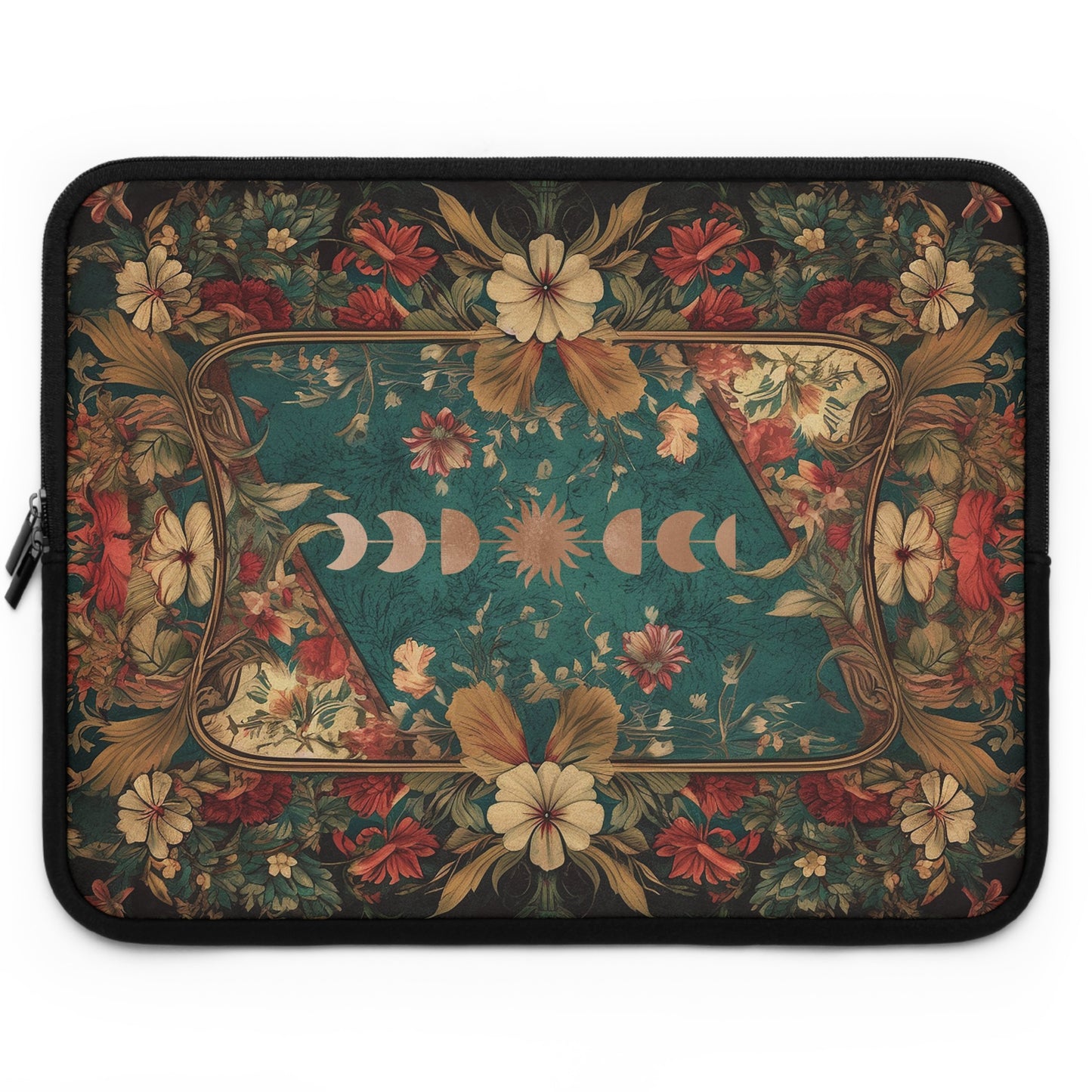 Maximalist floral Teal green sun moon laptop sleeve | Sense Forest