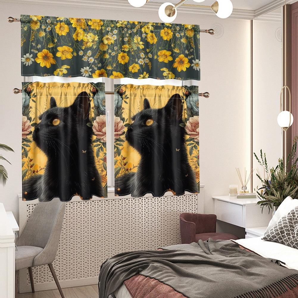 Wildflower black cat Kitchen Curtain Valance and Tiers Set | Sense Forest