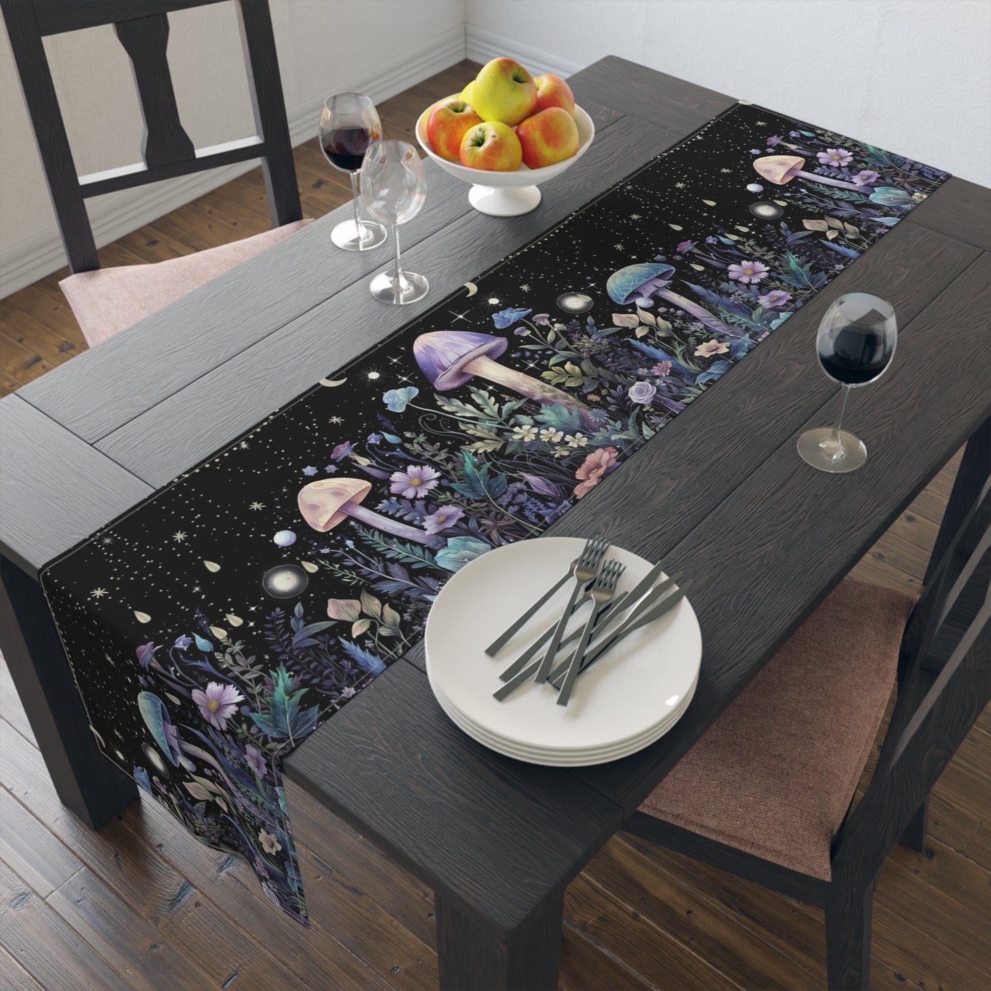 Dark Boho Purple mushroom forest dinner table runner cloth, Whimsical moon dinning room home decor, Table Runner Witchy housewarming gift