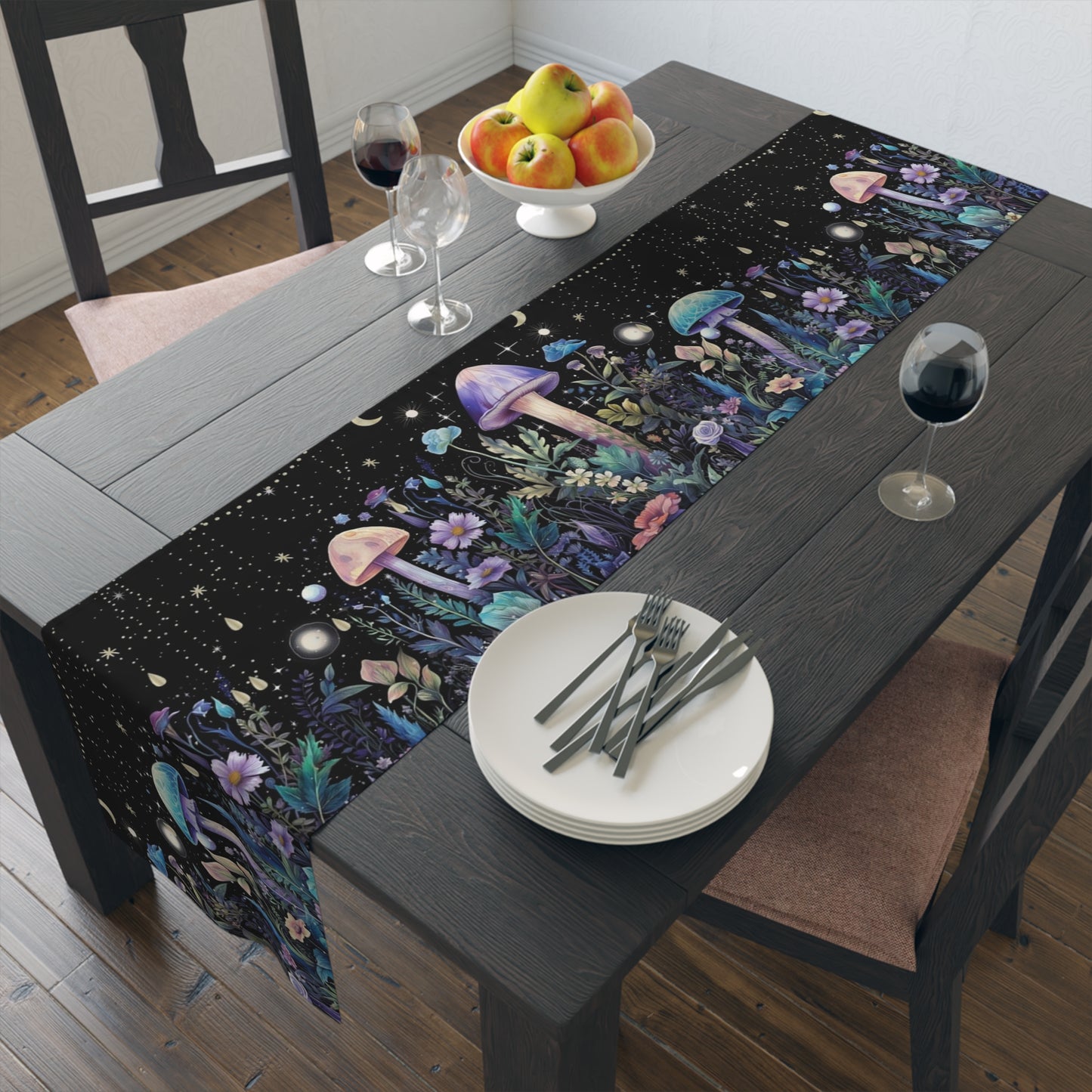 Dark Boho Purple mushroom forest dinner table runner cloth, Whimsical moon dinning room home decor, Table Runner Witchy housewarming gift