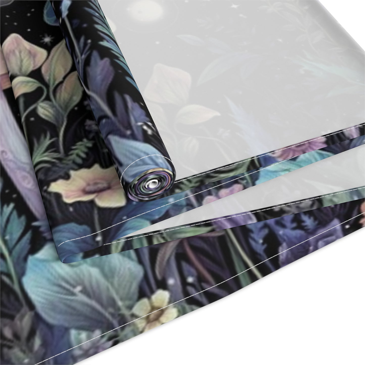 Dark Boho Purple mushroom forest dinner table runner cloth, Whimsical moon dinning room home decor, Table Runner Witchy housewarming gift