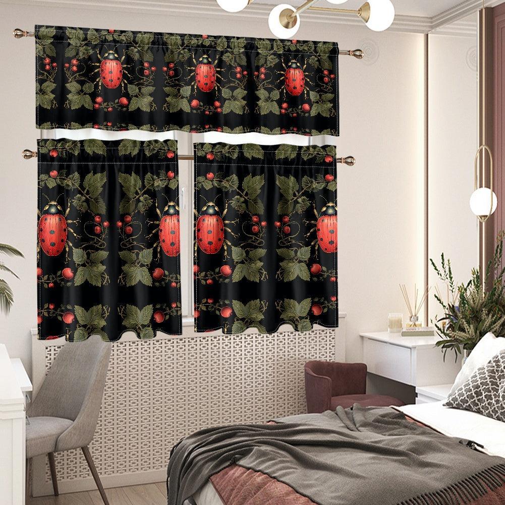 Cottagecore ladybug Kitchen Curtain Valance and Tiers Set | Sense Forest