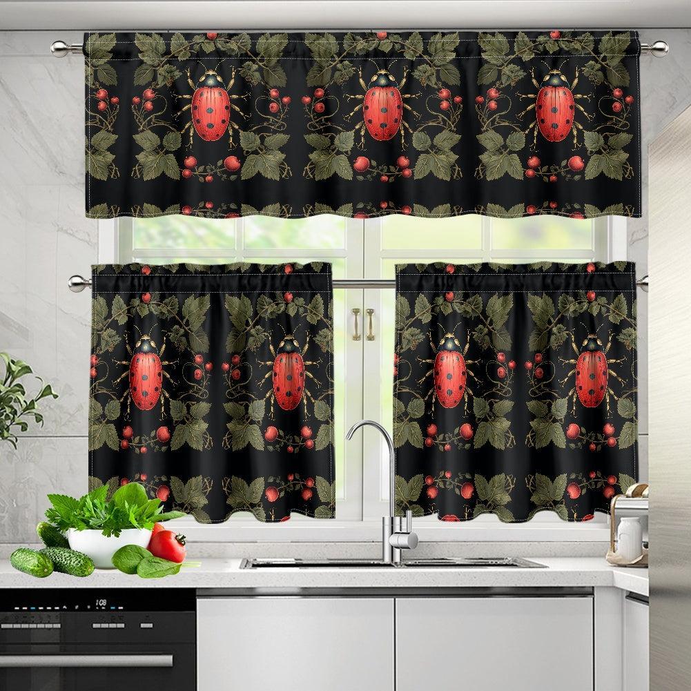 Cottagecore ladybug Kitchen Curtain Valance and Tiers Set | Sense Forest