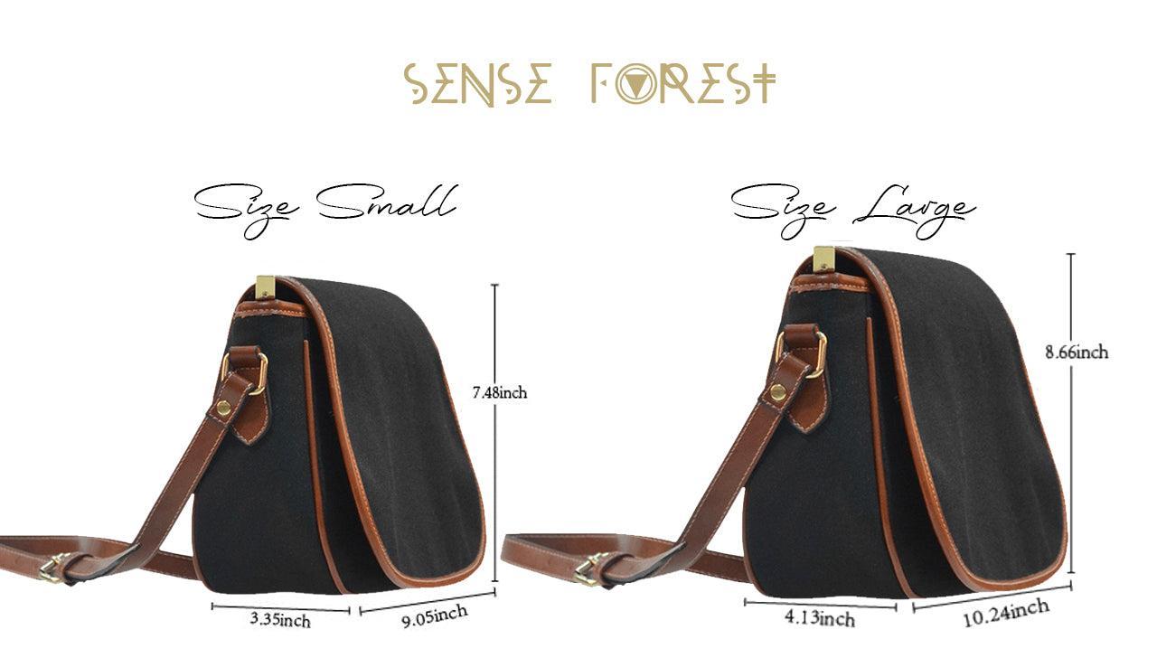 Moon phase pale rose canvas saddle bag by Sense Forest, small and large size side views.