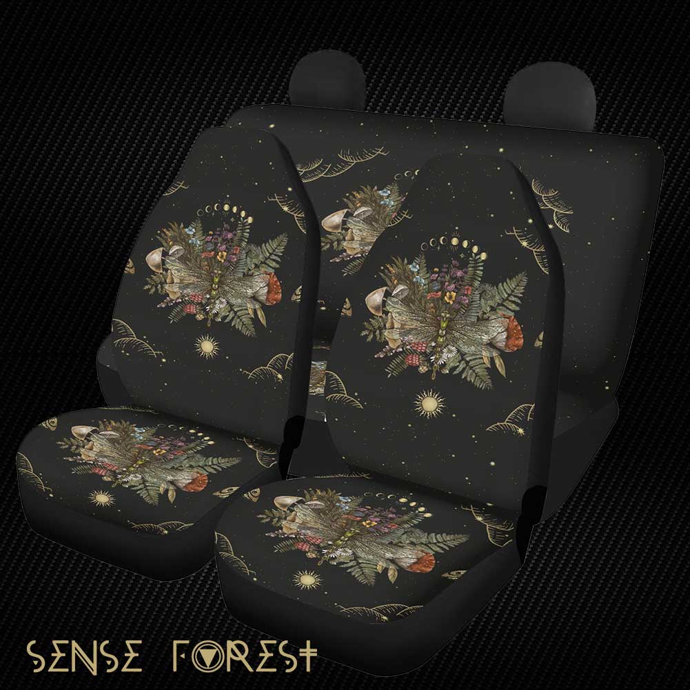 Black car seat covers with mushroom, moon phases, and dragonfly design on Sense Forest theme.