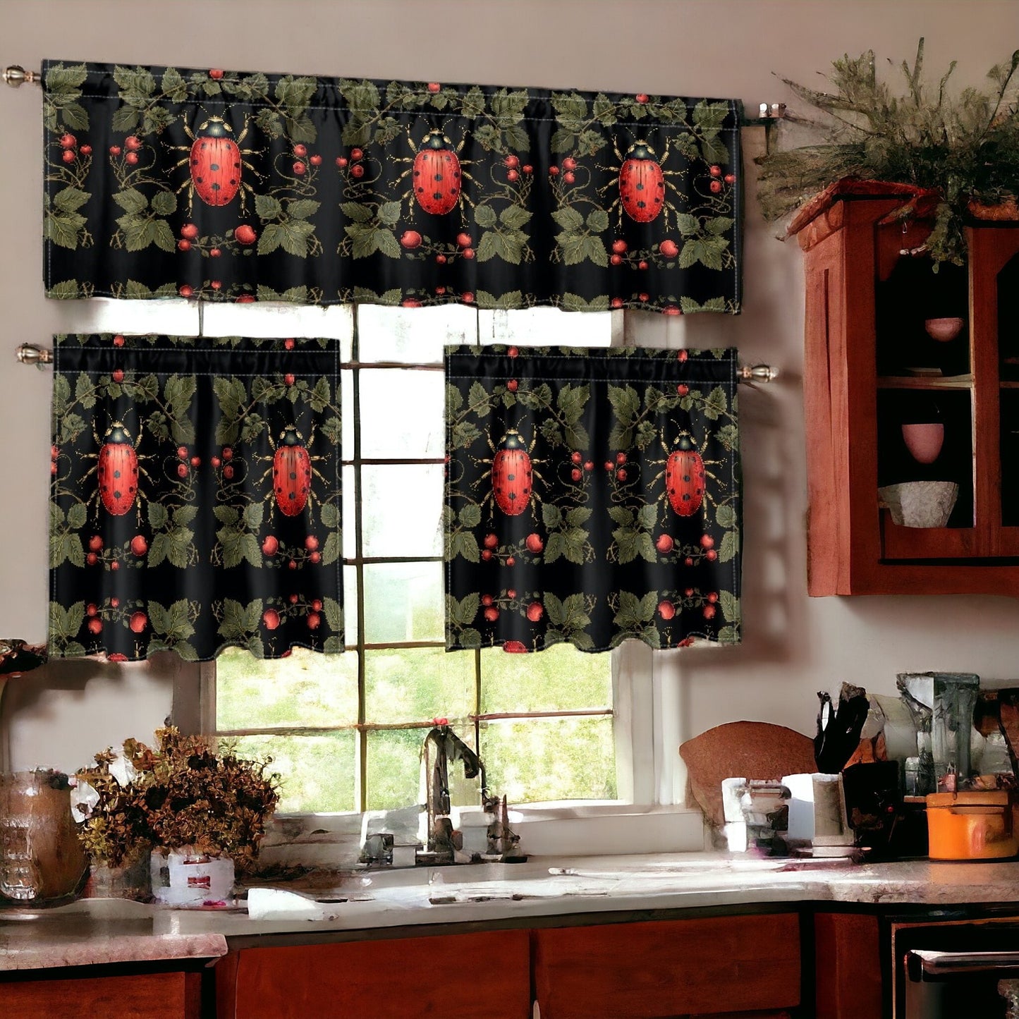 Cottagecore ladybug Kitchen Curtain Valance and Tiers Set | Sense Forest