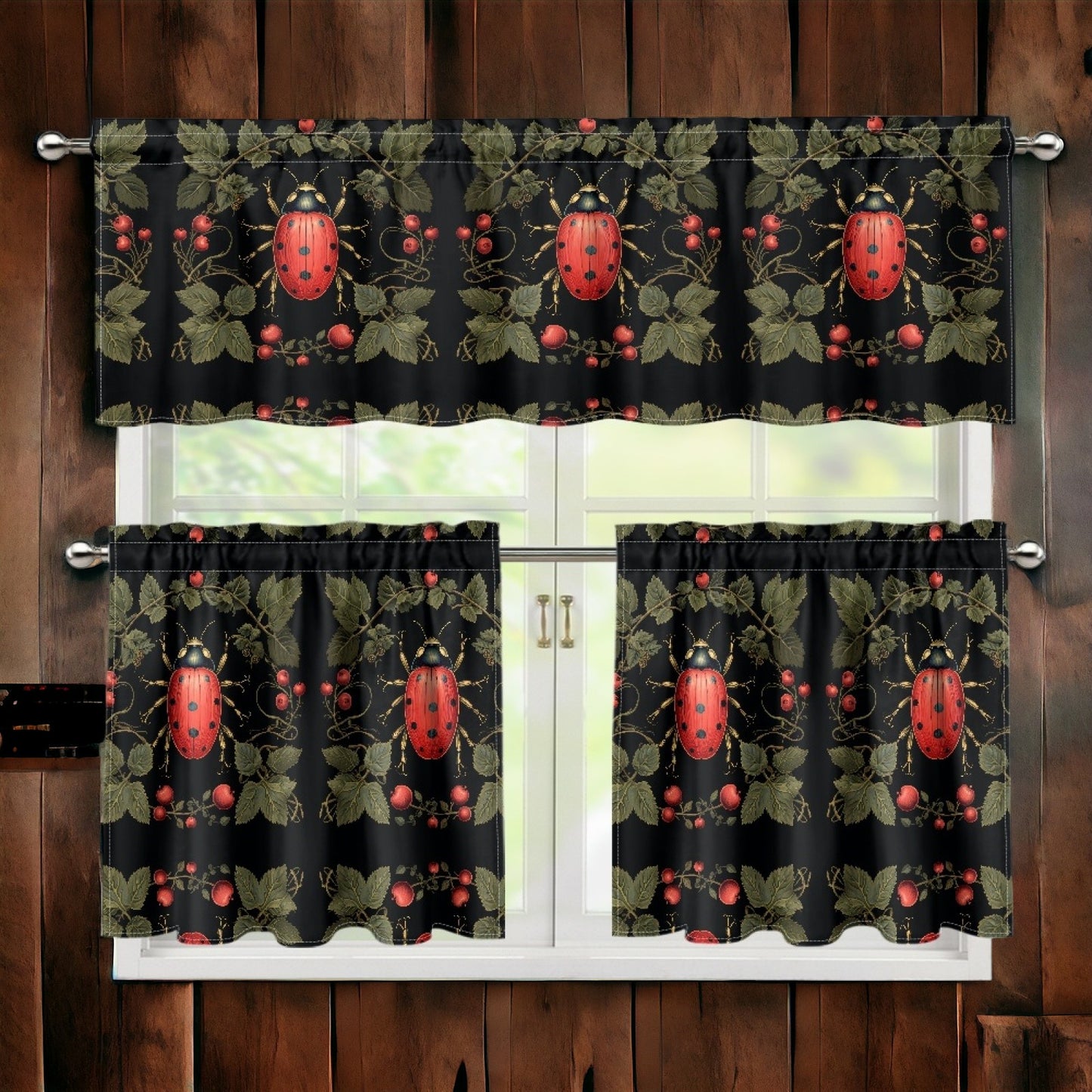 Cottagecore Ladybugs Kitchen Curtain Valance Tiers Set | Sense forest