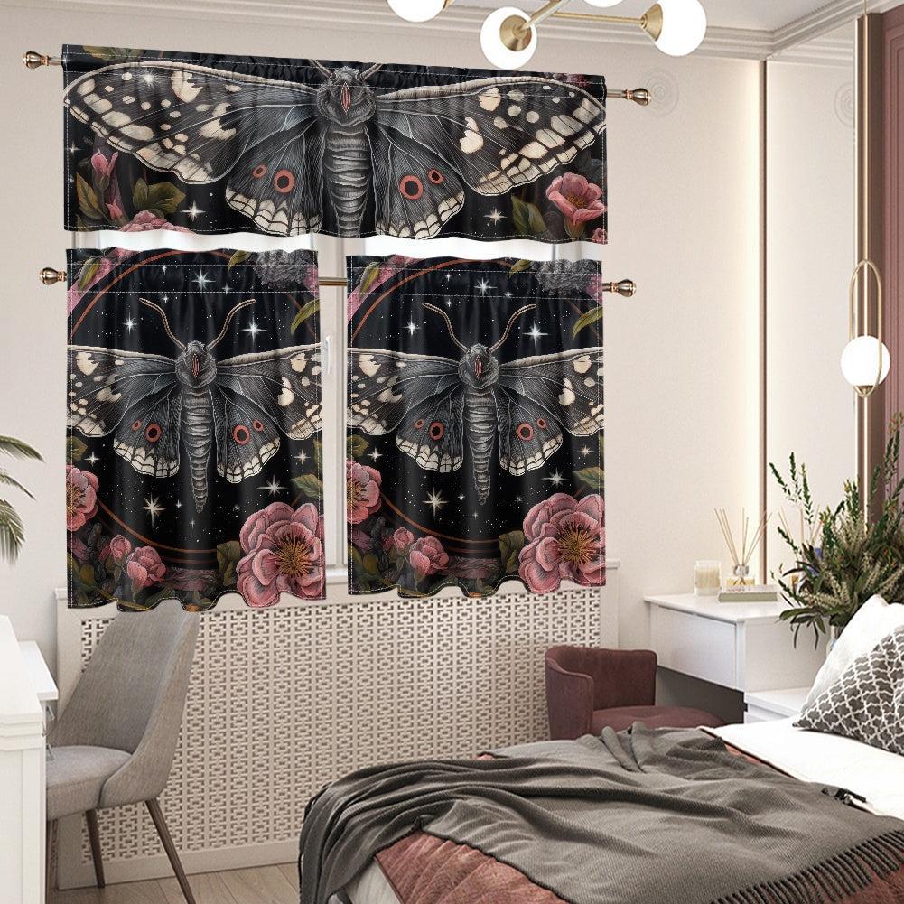 Whimsical Moth Peony Kitchen Curtain Valance and Tiers Set | Sense Forest