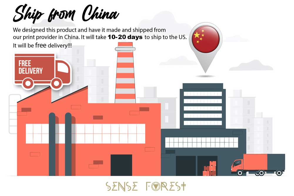 Red and gray factory illustration with a shipping truck and Sense Forest logo below.