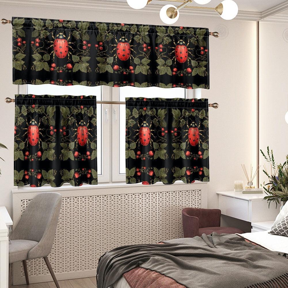 Cottagecore ladybug Kitchen Curtain Valance and Tiers Set | Sense Forest