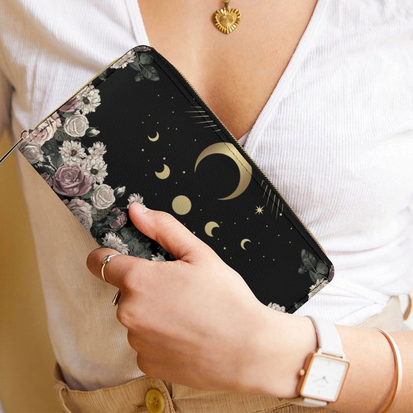 Cottagecore Pale Rose Moon Purse Canvas Satchel Bag