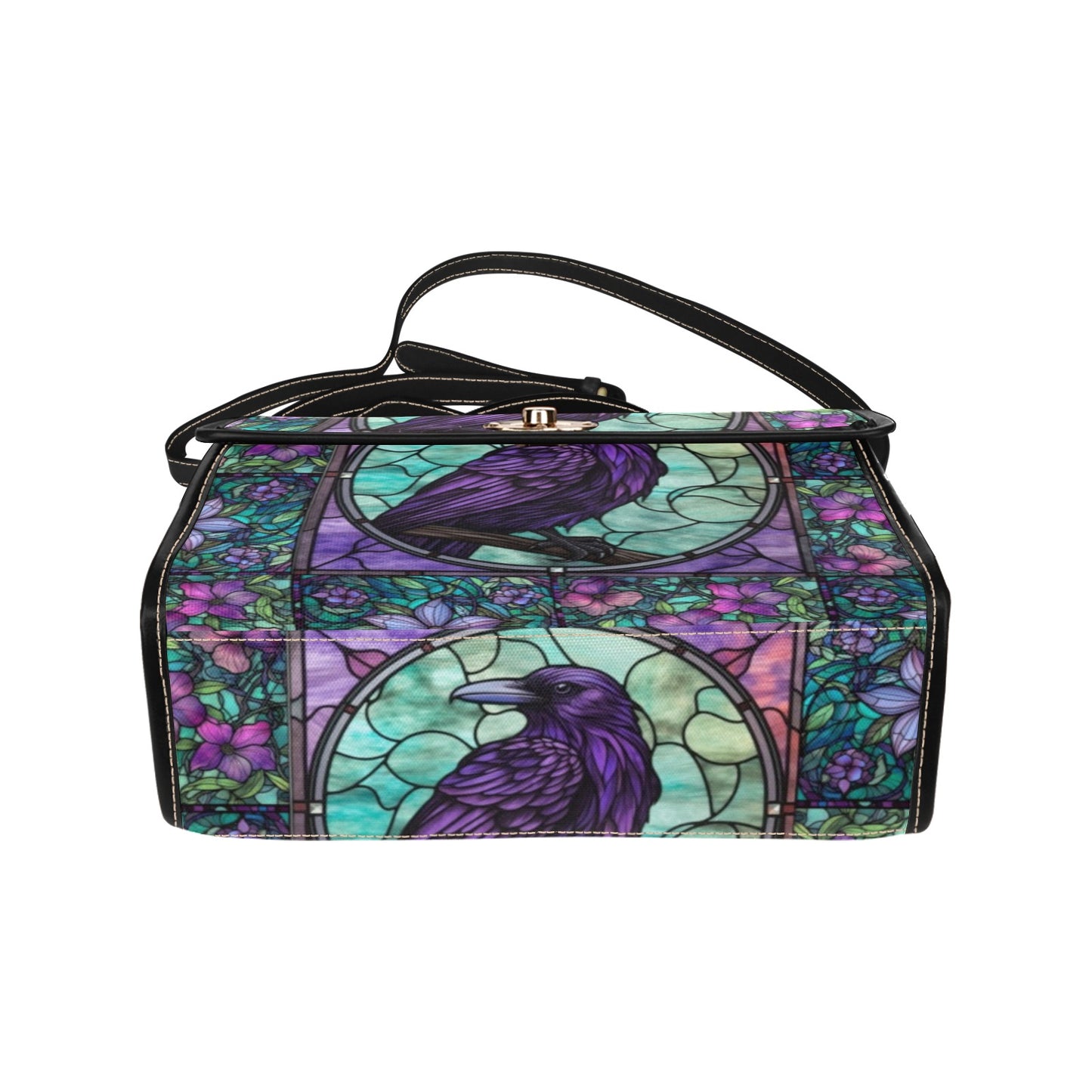 Sense Forest stained glass crow canvas satchel bag with black handles and gothic design.