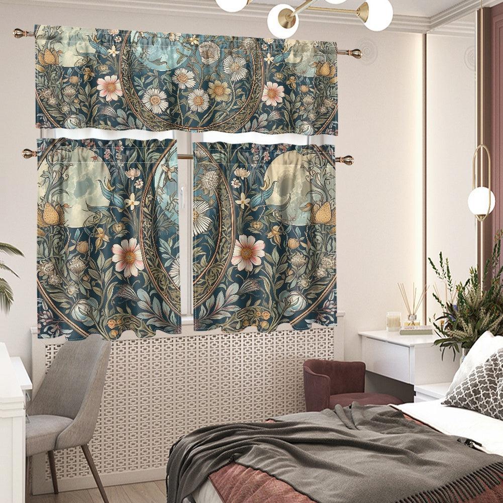 Maximalist daisy triple moon Teal Kitchen Curtain Valance Tiers Set | Sense Forest