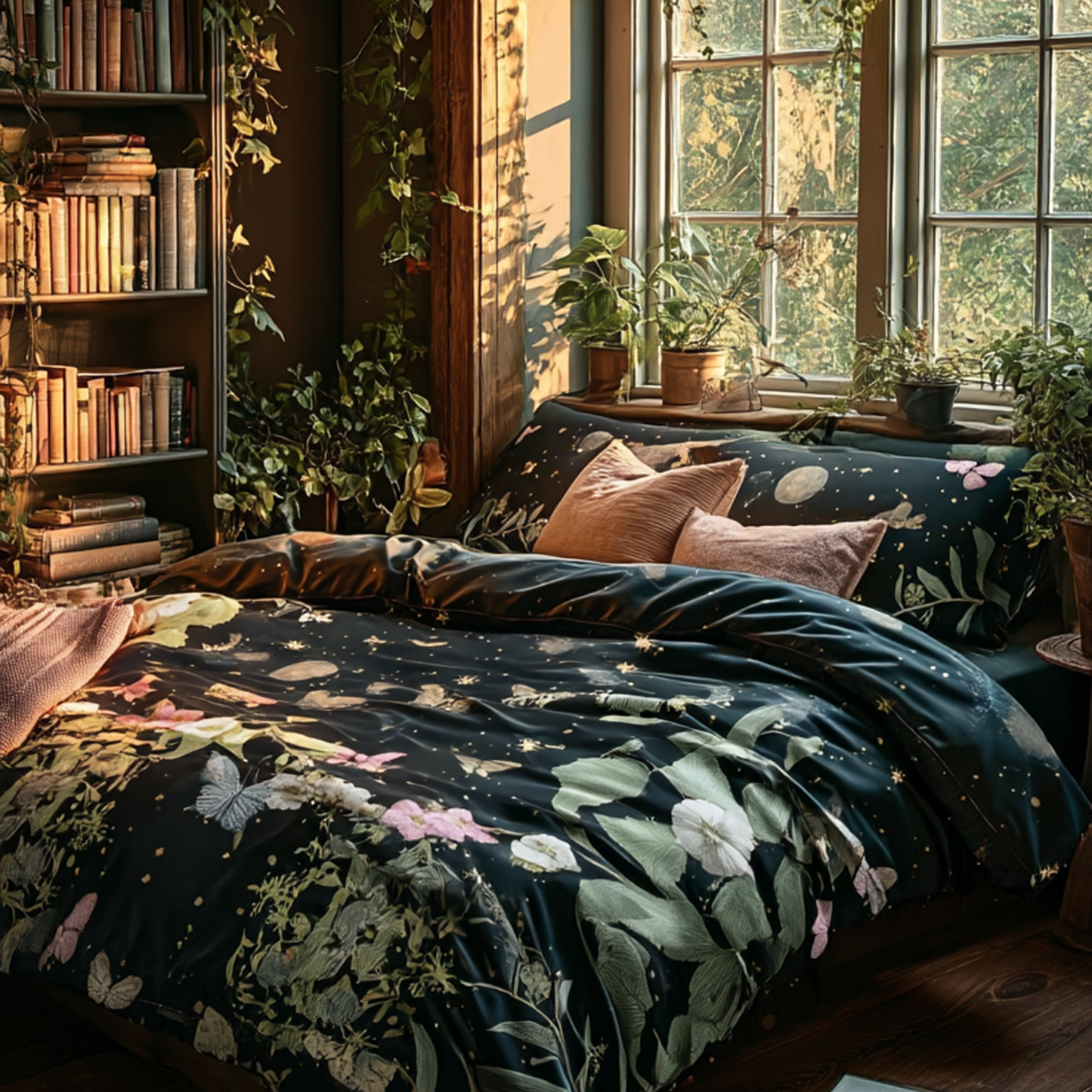 a cozy bedroom with plants and bookshelf with moth forest moon phase duvet cover pillowcase bedding set
