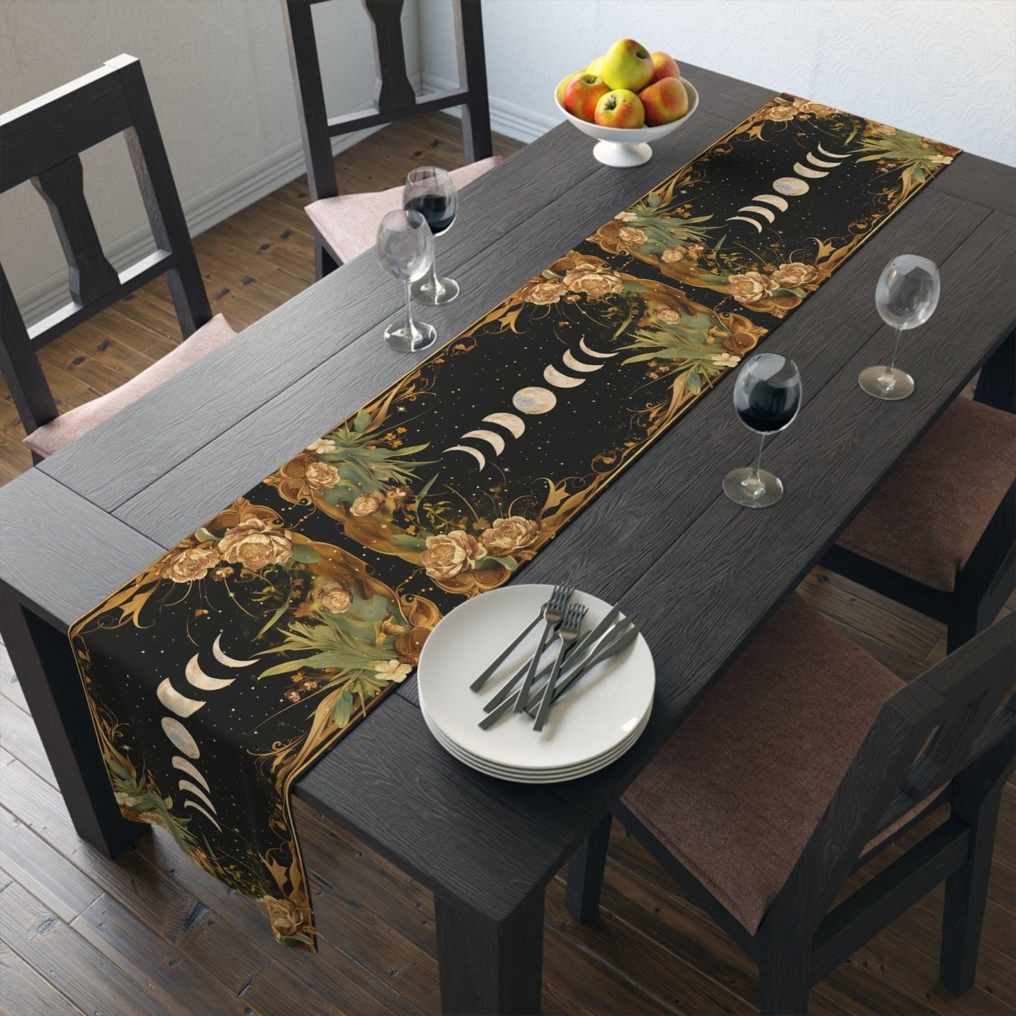 Green Gold moon phase floral whimsical dinner table runner cloth - sense forest