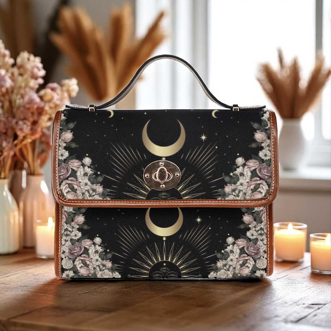 Cottagecore Pale Rose Moon Canvas Satchel Bag | Sense Forest