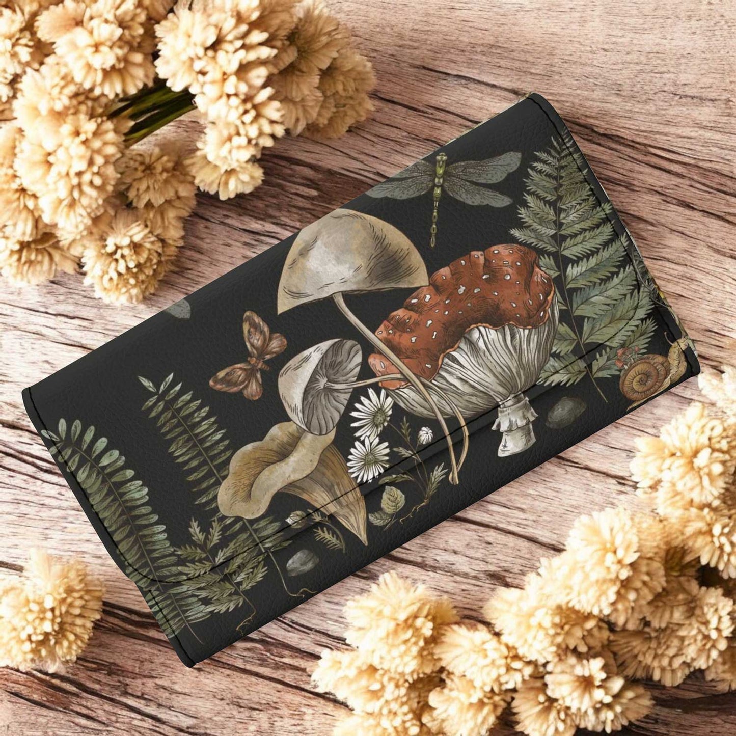 Black long clutch wallet with mushroom and fern print, vintage cottagecore style, Sense Forest design.