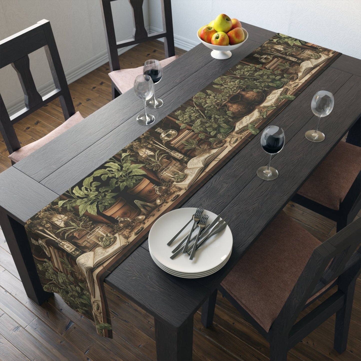 Olive Green Plant lover dinner table runner cloth, Dark academia dinning room home decor, Cottagecore Table Runner housewarming gift - sense forest