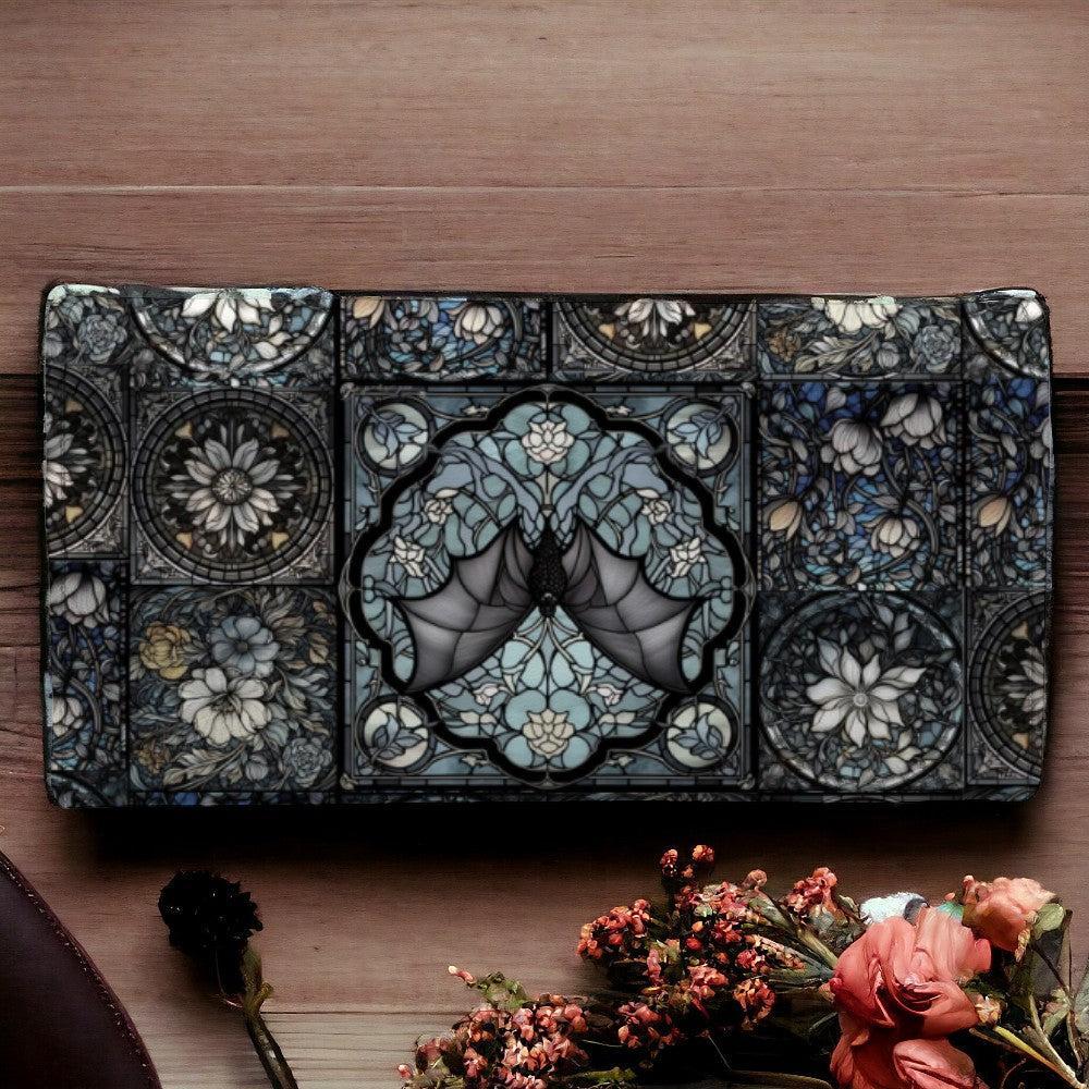 Medieval goth stained glass bat trifold wallet with intricate blue and black design by Sense Forest.