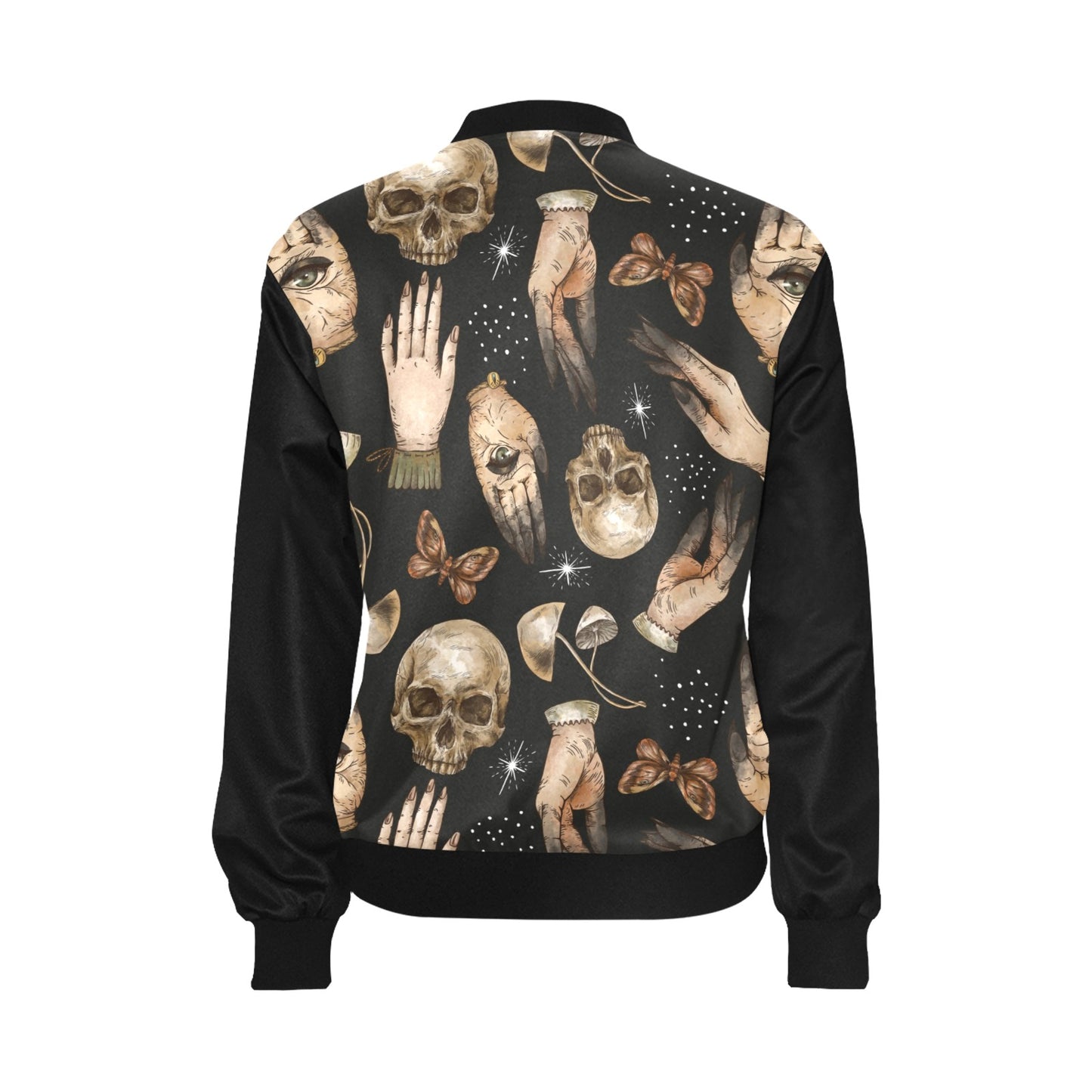 Black bomber jacket with beige skulls, skeletal hands, mushrooms, and moths in a Sense Forest design.