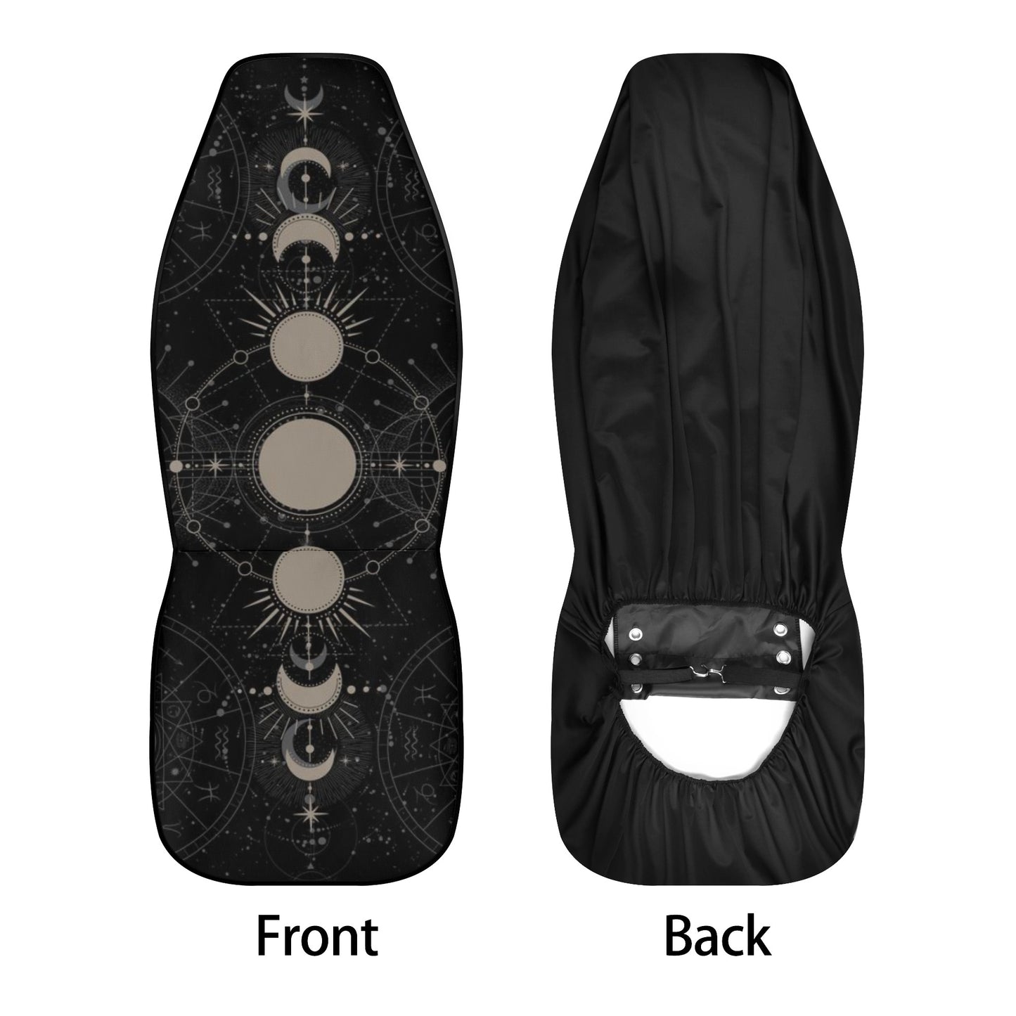 Black universal car seat cover set with mystical moon phase design and Sense Forest branding.